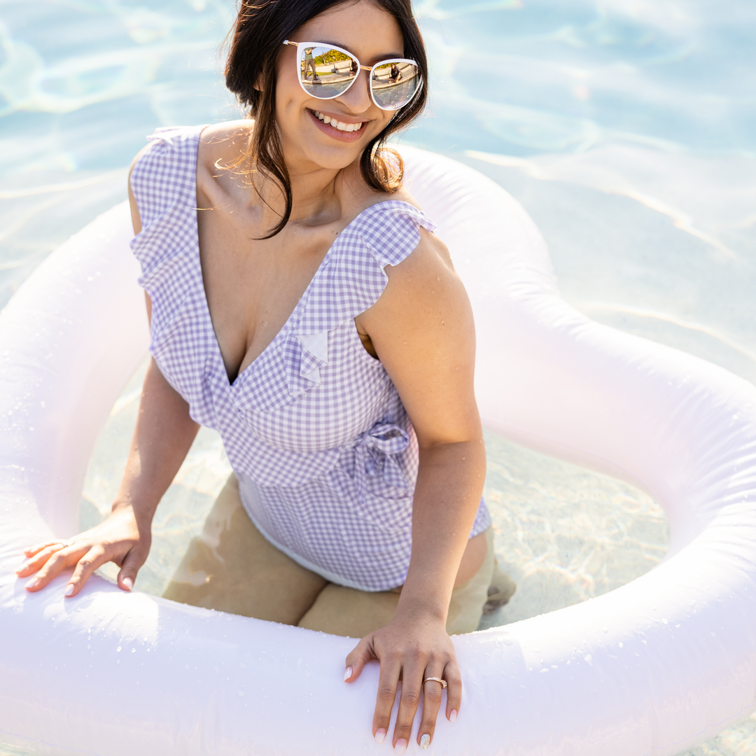 Ruffle Wrap Maternity & Nursing One Piece Swimsuit | Lavender Gingham -  Kindred Bravely