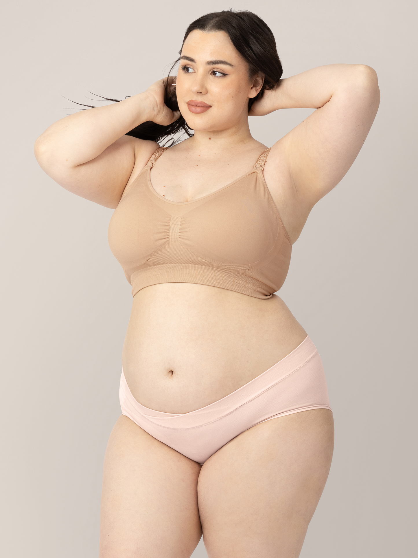 Front view of a model wearing the Bamboo Maternity & Postpartum Hipster in Soft pink. 