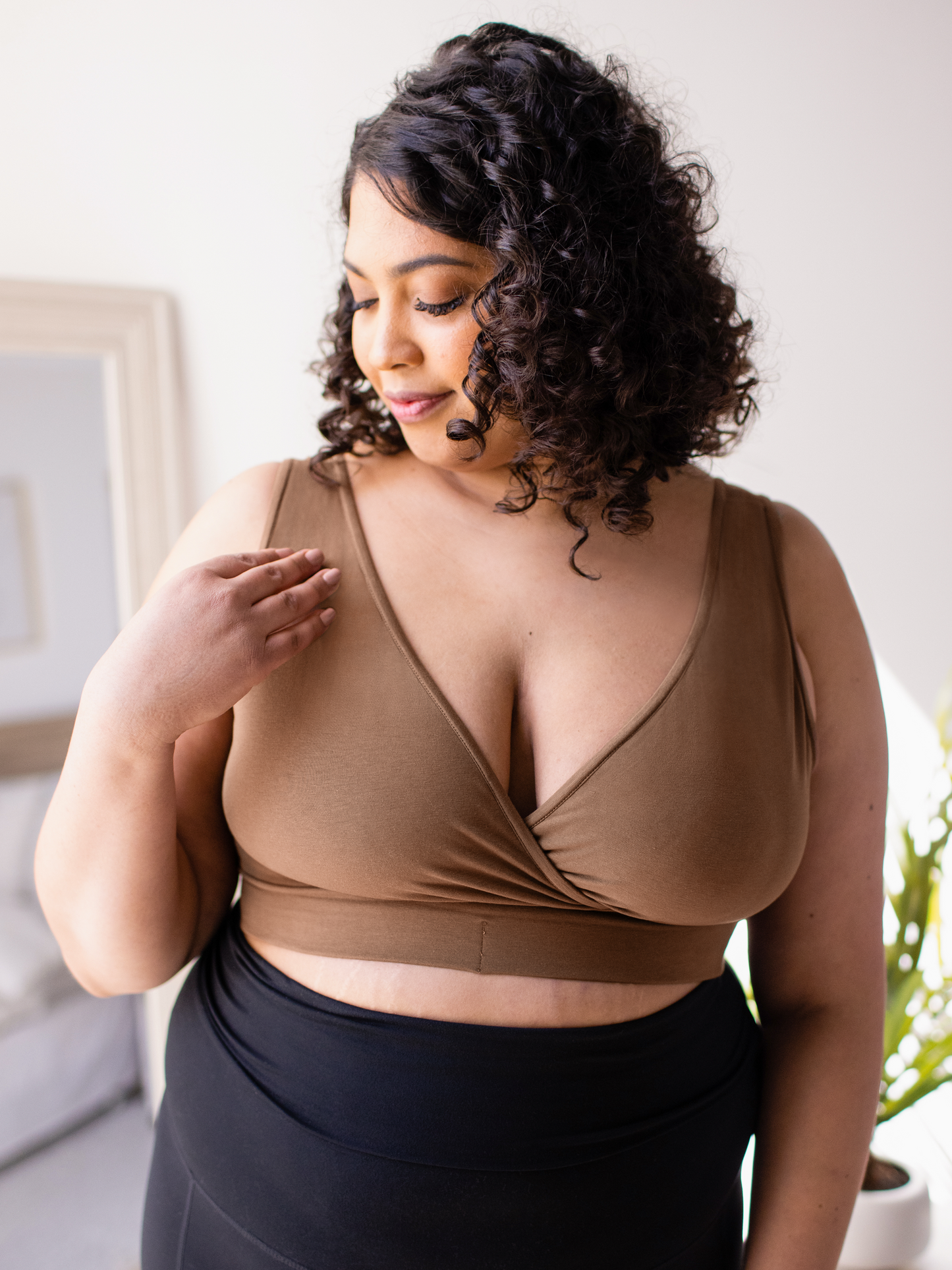 Model wearing the Organic Cotton Sleep & Nursing Bra in Mocha @model_info:Lanae is wearing an X-Large Busty.