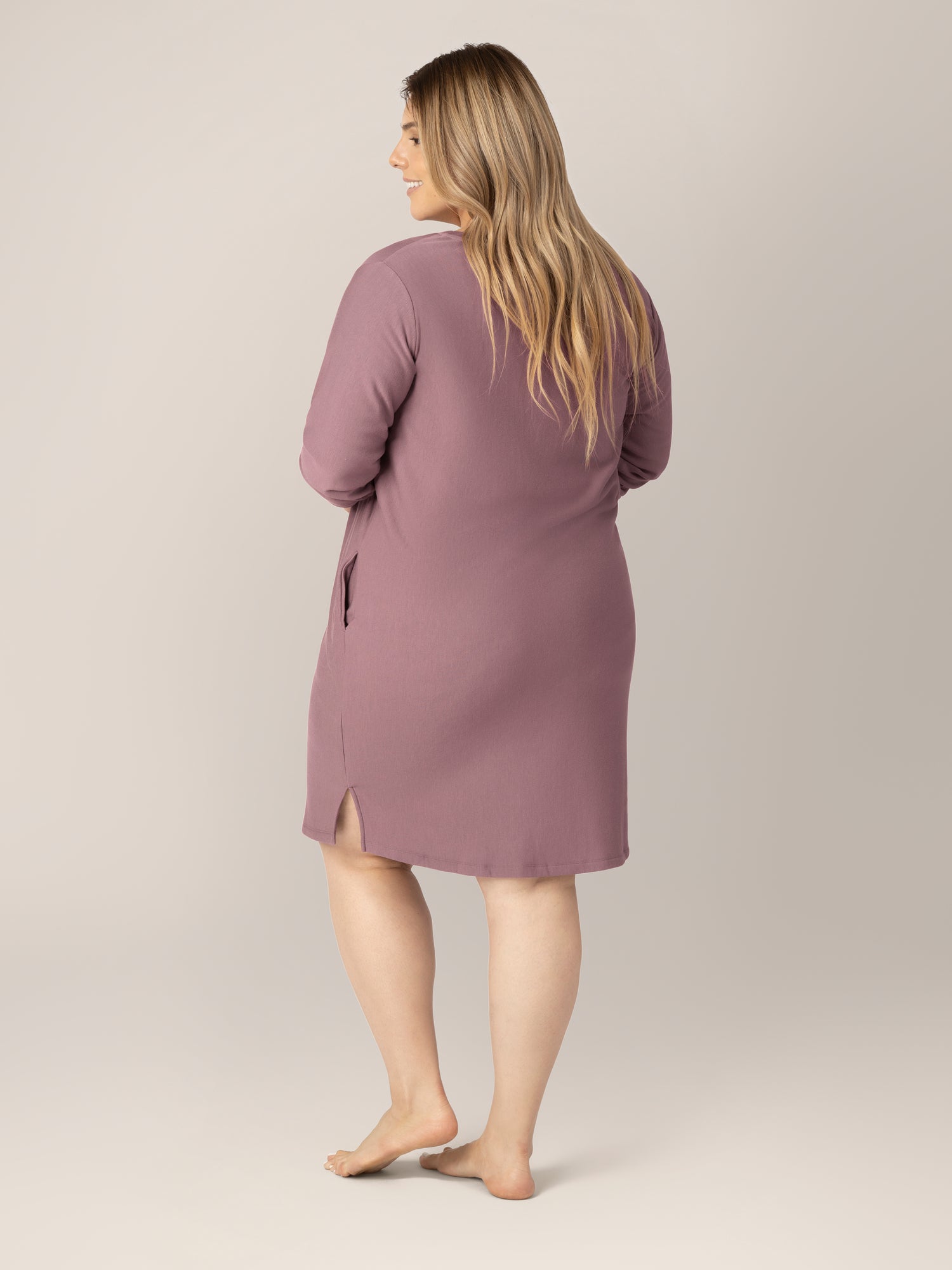 Back view of model wearing the Blake Oversized Maternity & Nursing Lounge Dress in Twilight. 