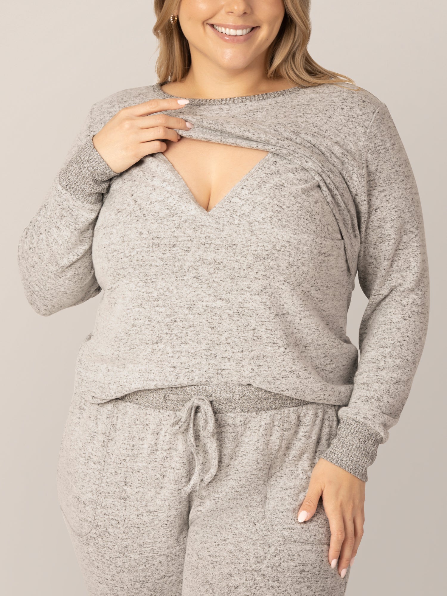 Close up of model wearing the Zoe Nursing Pajama & Lounge Set in Grey Heather, showing nursing access.