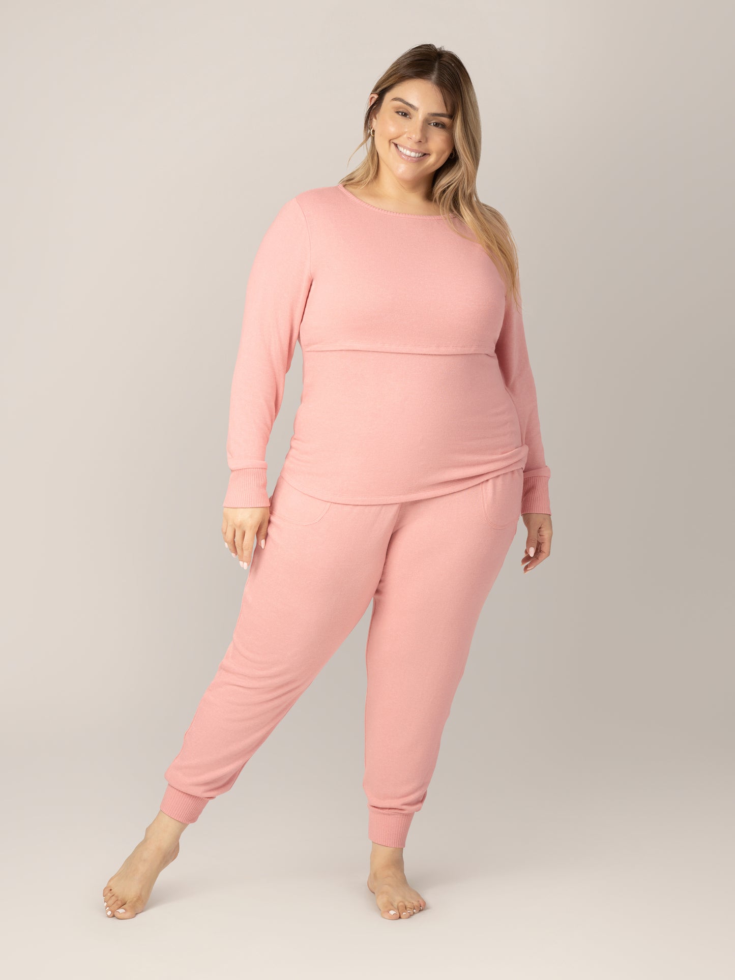 Front view of model wearing the Zoe Nursing Pajama & Lounge Set in Rose Heather