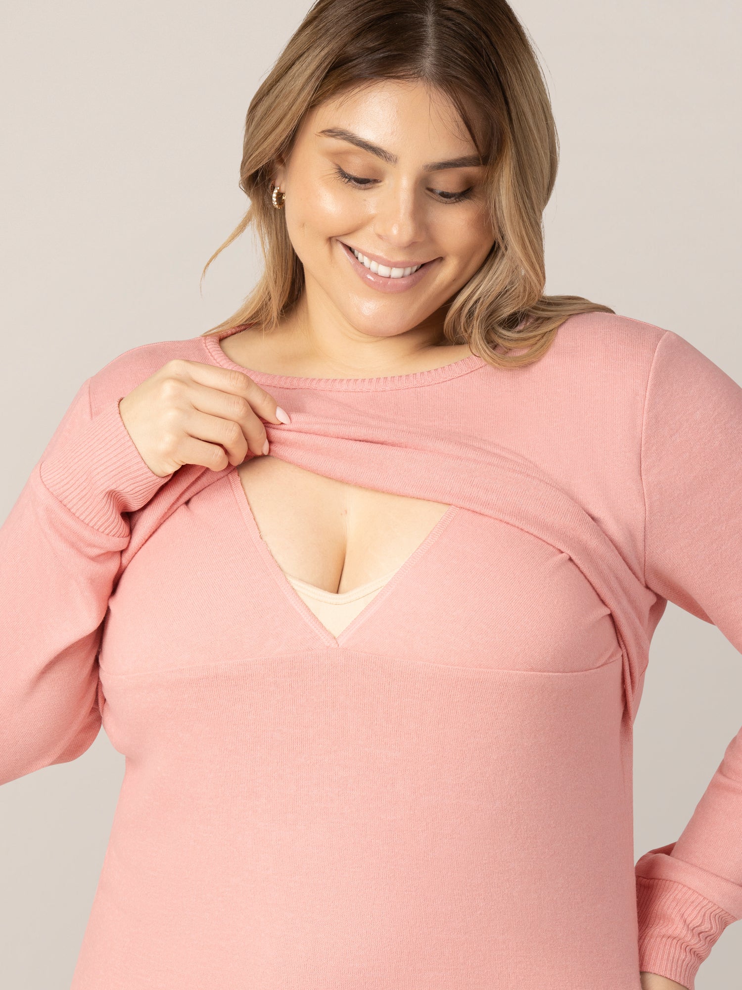 Close up of model wearing the Zoe Nursing Pajama & Lounge Set in Rose Heather, showing nursing access.