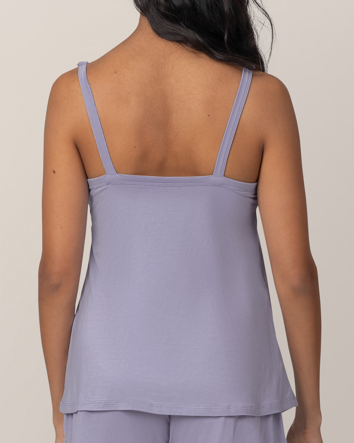 Back view of model wearing Bamboo Lounge Around Nursing Tank in Lilac Haze with matching Bamboo Maternity & Postpartum Lounge Short