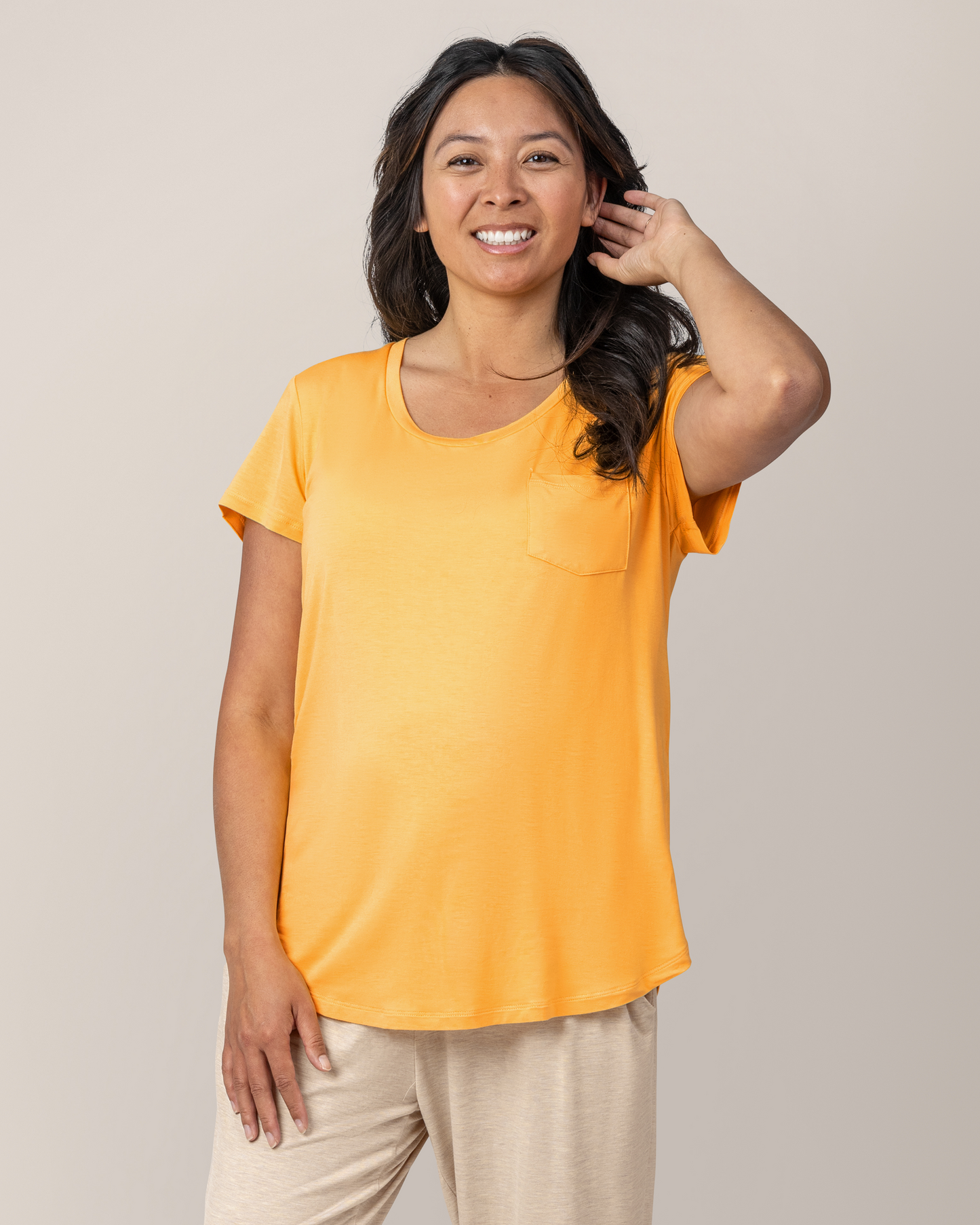 Front view of model wearing Everyday Maternity & Nursing T-shirt in Marigold