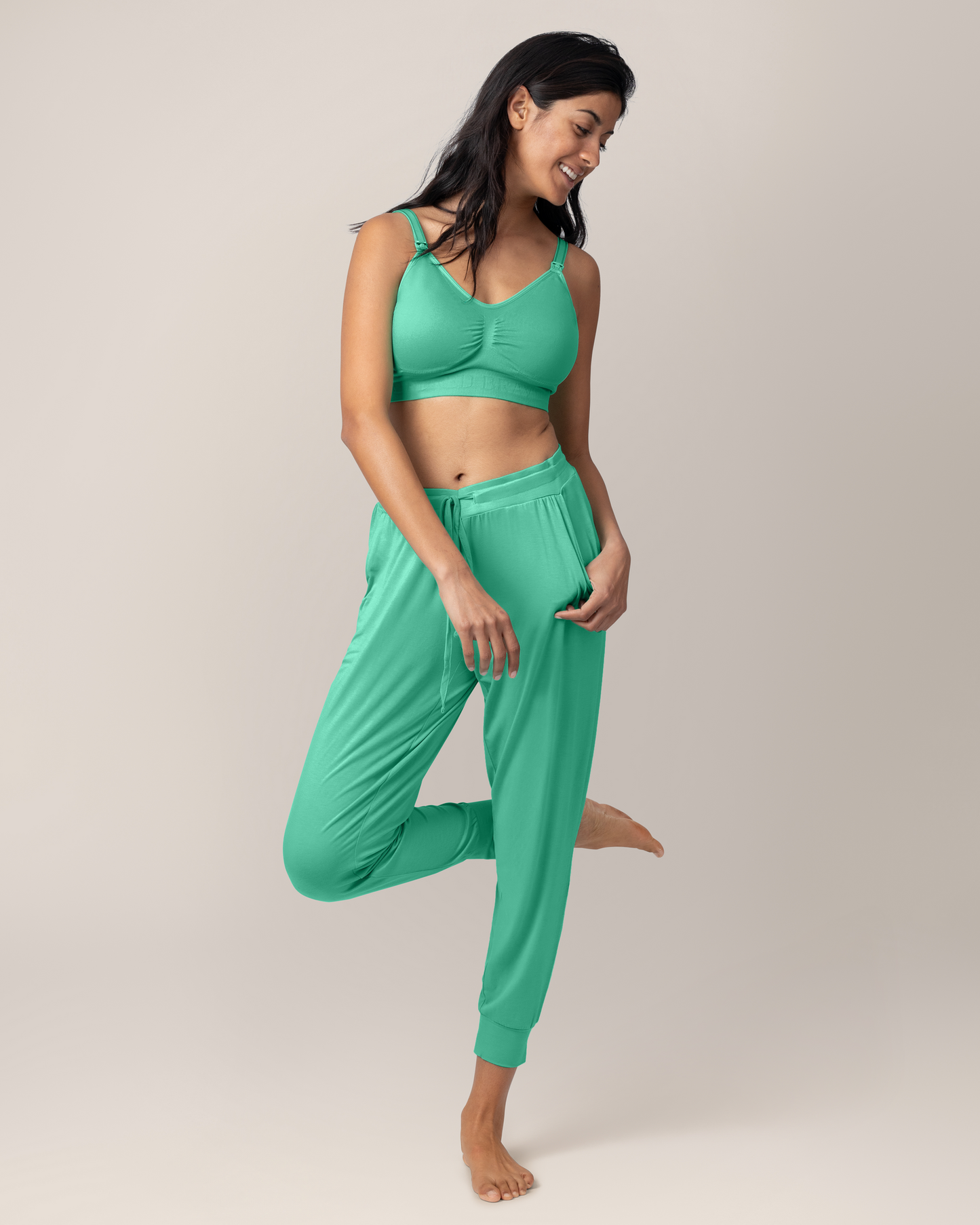 Front view of model wearing Everyday Lounge Jogger in Seafoam with matching Simply Sublime® Nursing Bra 