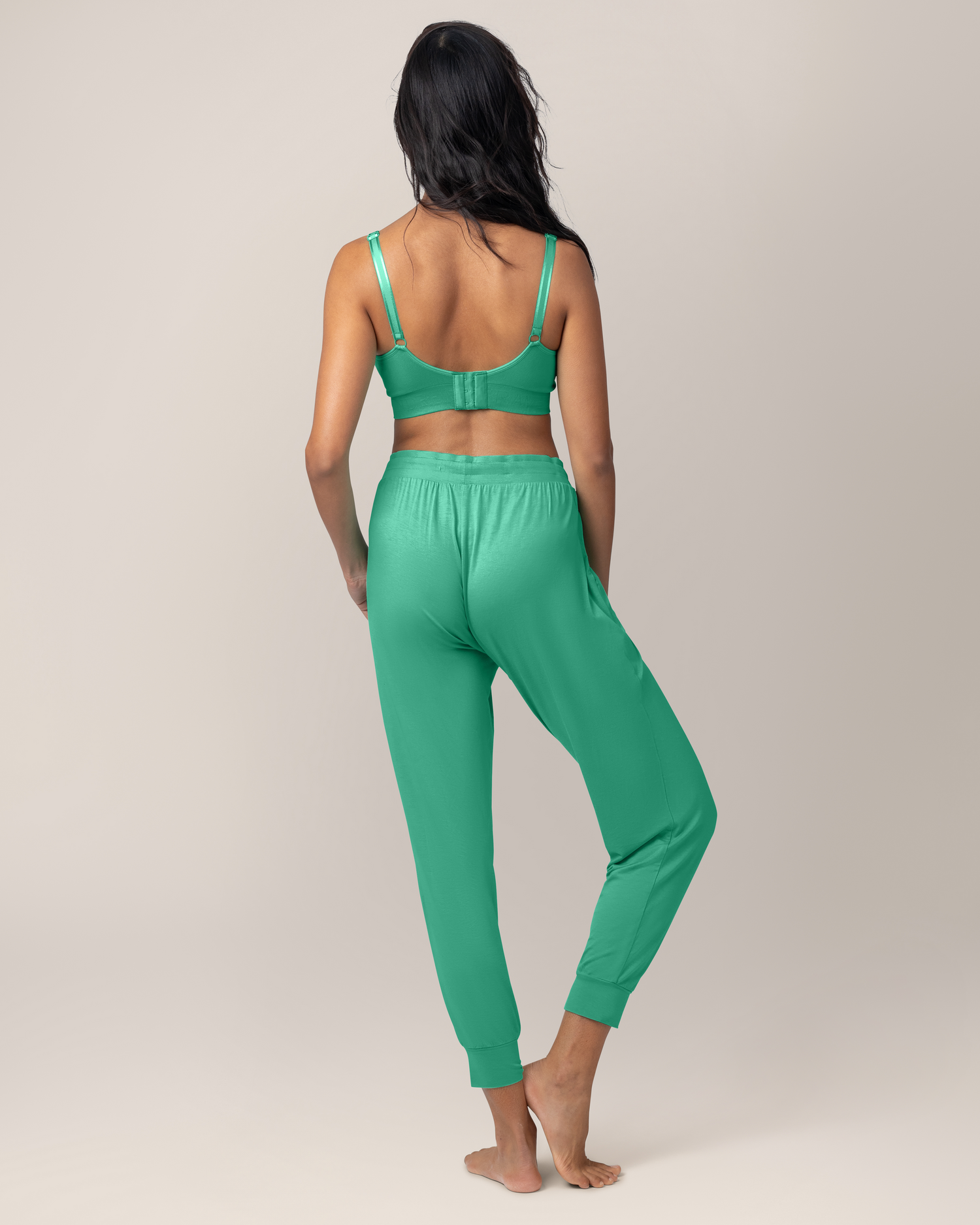 Back view of model wearing Everyday Lounge Jogger in Seafoam with matching Simply Sublime® Nursing Bra