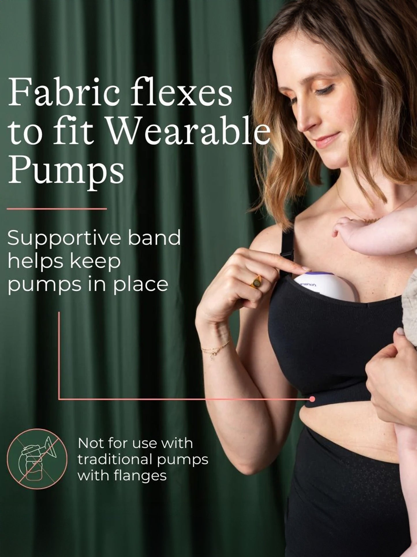 Model wearing the DiscreetDuo™ Wearable Pump plus Kindred Bravely + Lansinoh Wearable Pumping Bra Bundle, with text calling out flexible fabric and supportive band to keep pump in place; not for use with traditional pumps & flanges