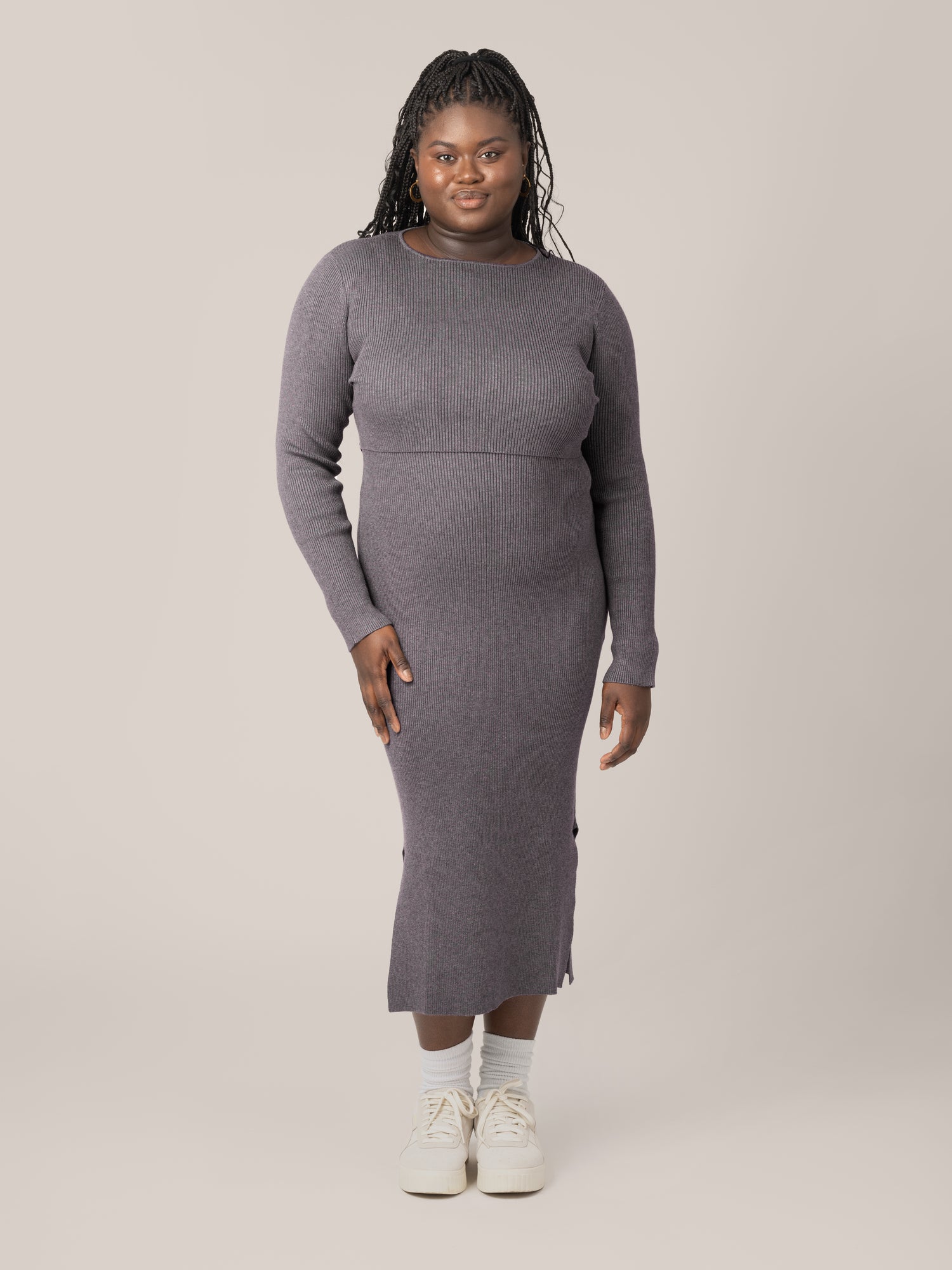 Front view of model wearing the 2-in-1 Maternity & Nursing Midi Dress in Charcoal @model_info:Bintou is 5'9" and wearing an X-Large.