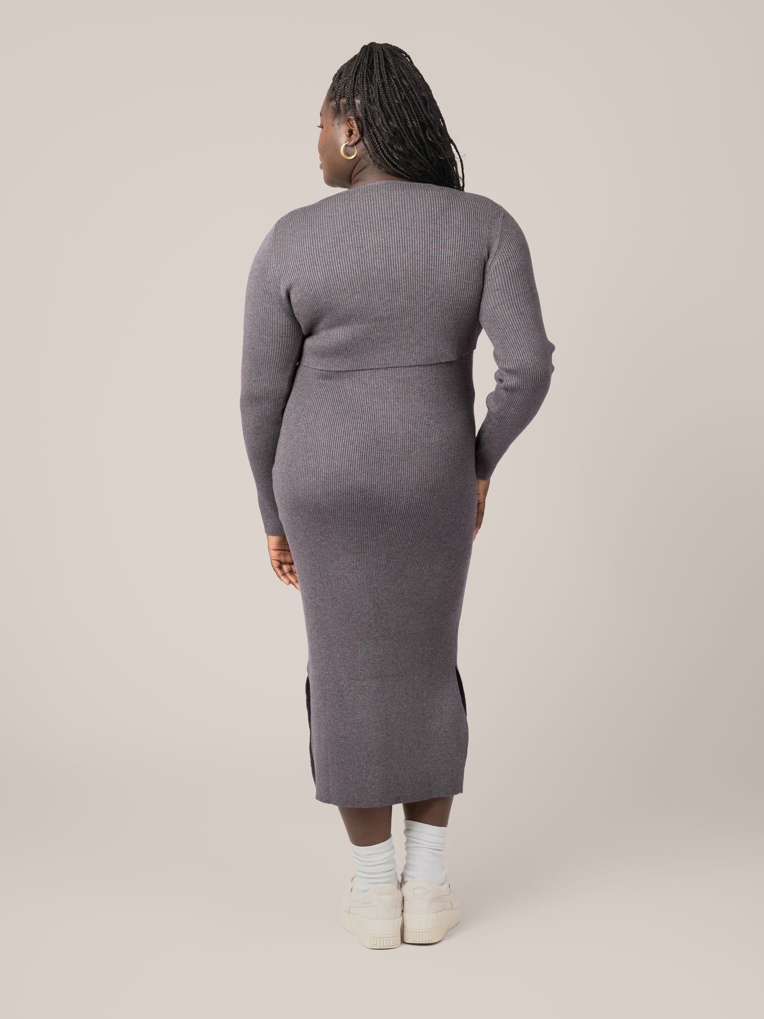 Back view of model wearing the 2-in-1 Maternity & Nursing Midi Dress in Charcoal 