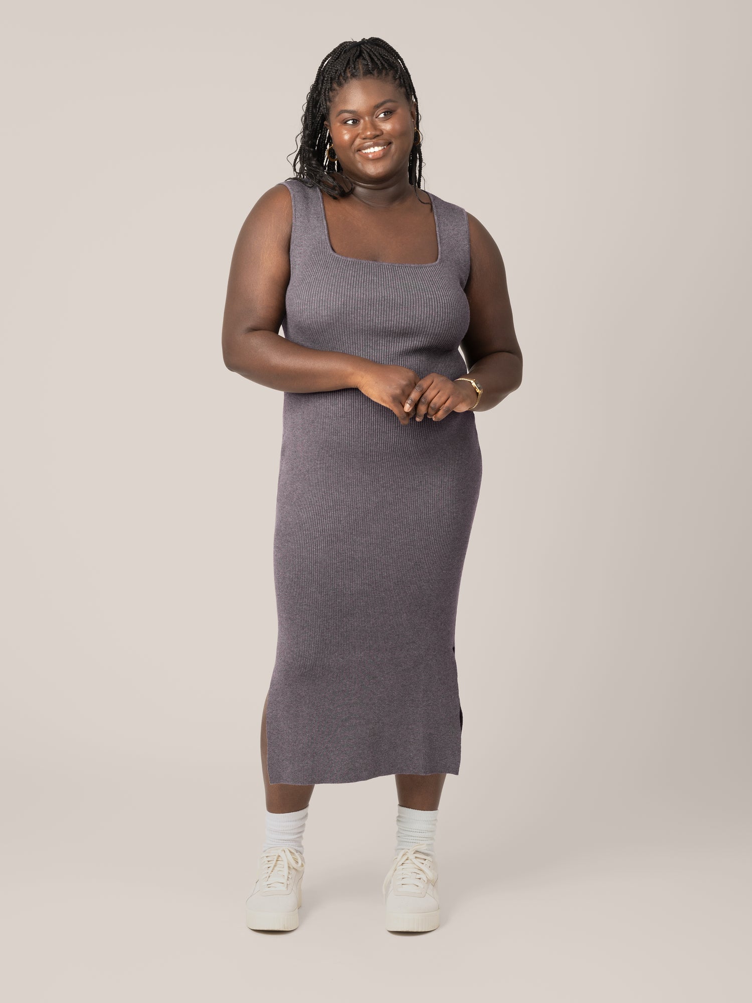 Front view of model wearing the 2-in-1 Maternity & Nursing Midi Dress in Charcoal  without top long-sleeve cropped layer