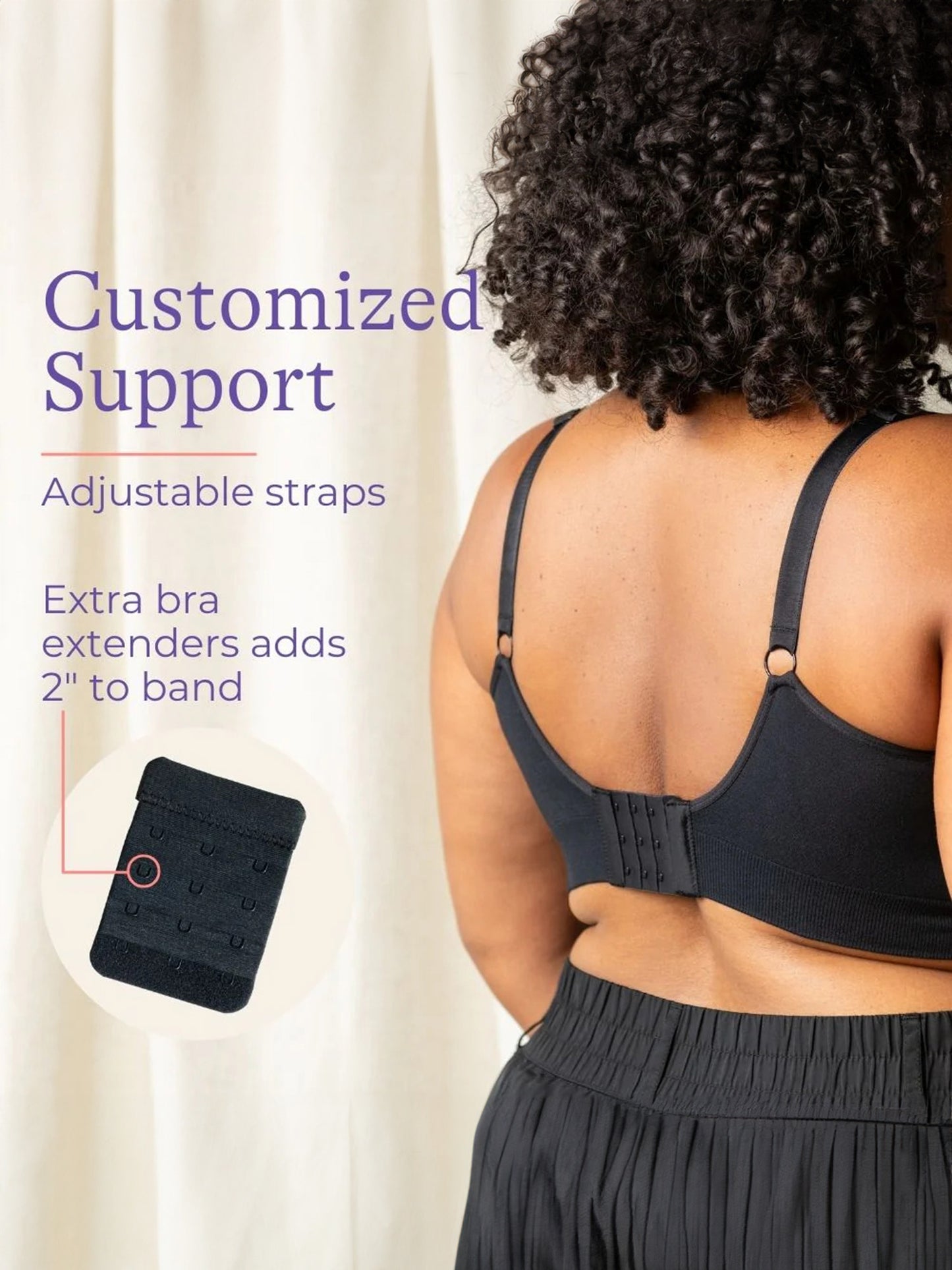 Model wearing the Kindred Bravely + Lansinoh Wearable Pumping Bra, showing the back and noting customized support with adjustable straps; extra bra extender that adds 2 inches to band