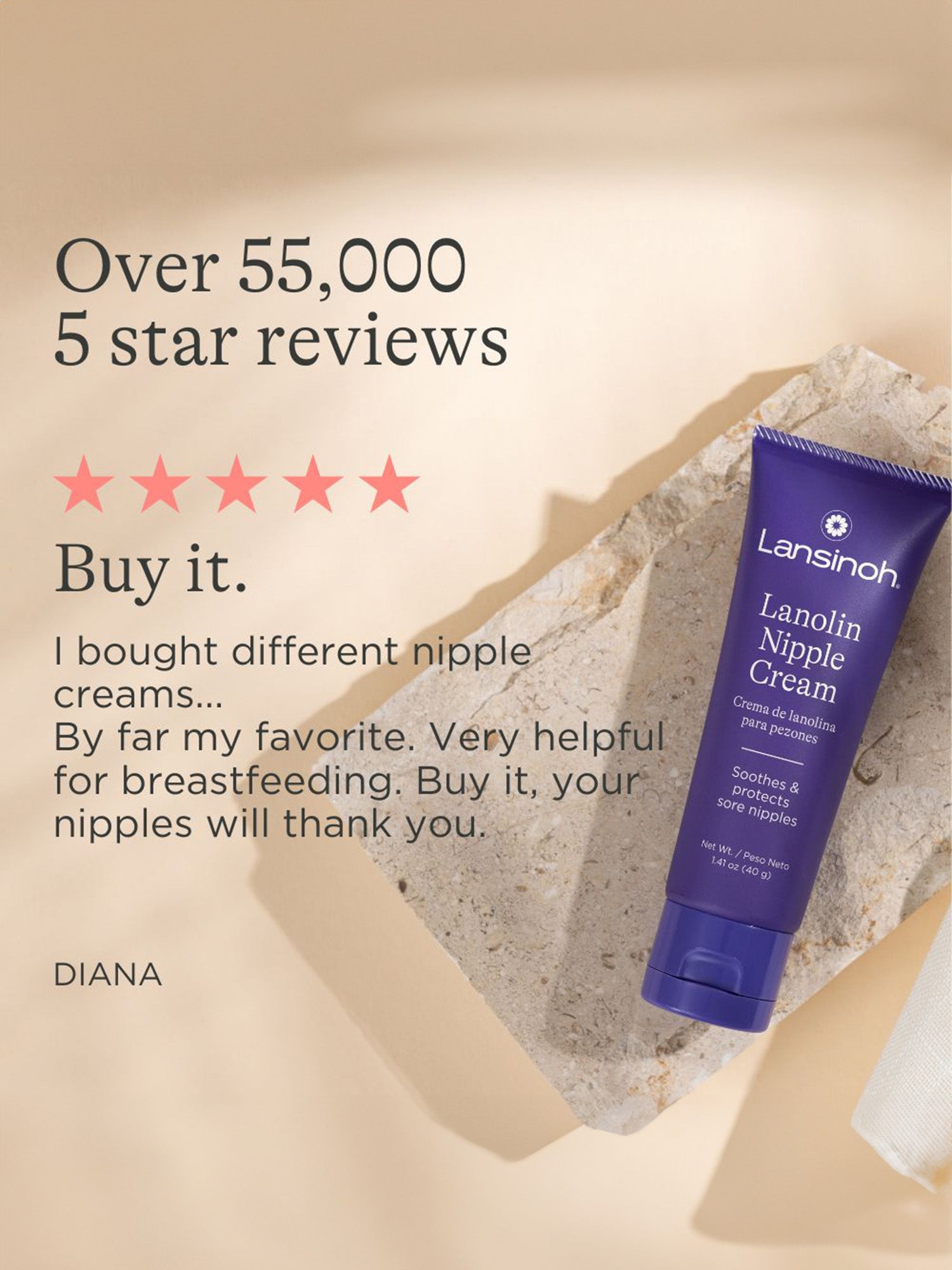 Lansinoh Lanolin Nipple Cream, with customer 5-star reviews noted | Kindred Bravely