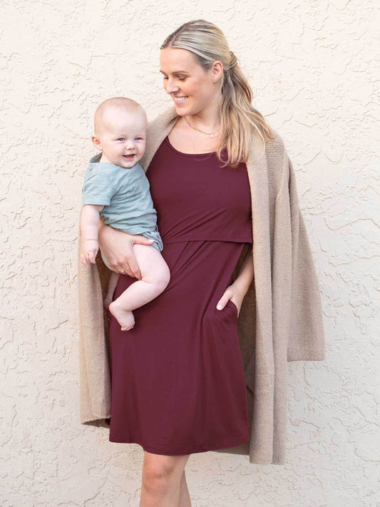 Eleanora Bamboo Maternity & Nursing Lounge Dress | Heathered Fig-Bottoms & Dresses-Kindred Bravely