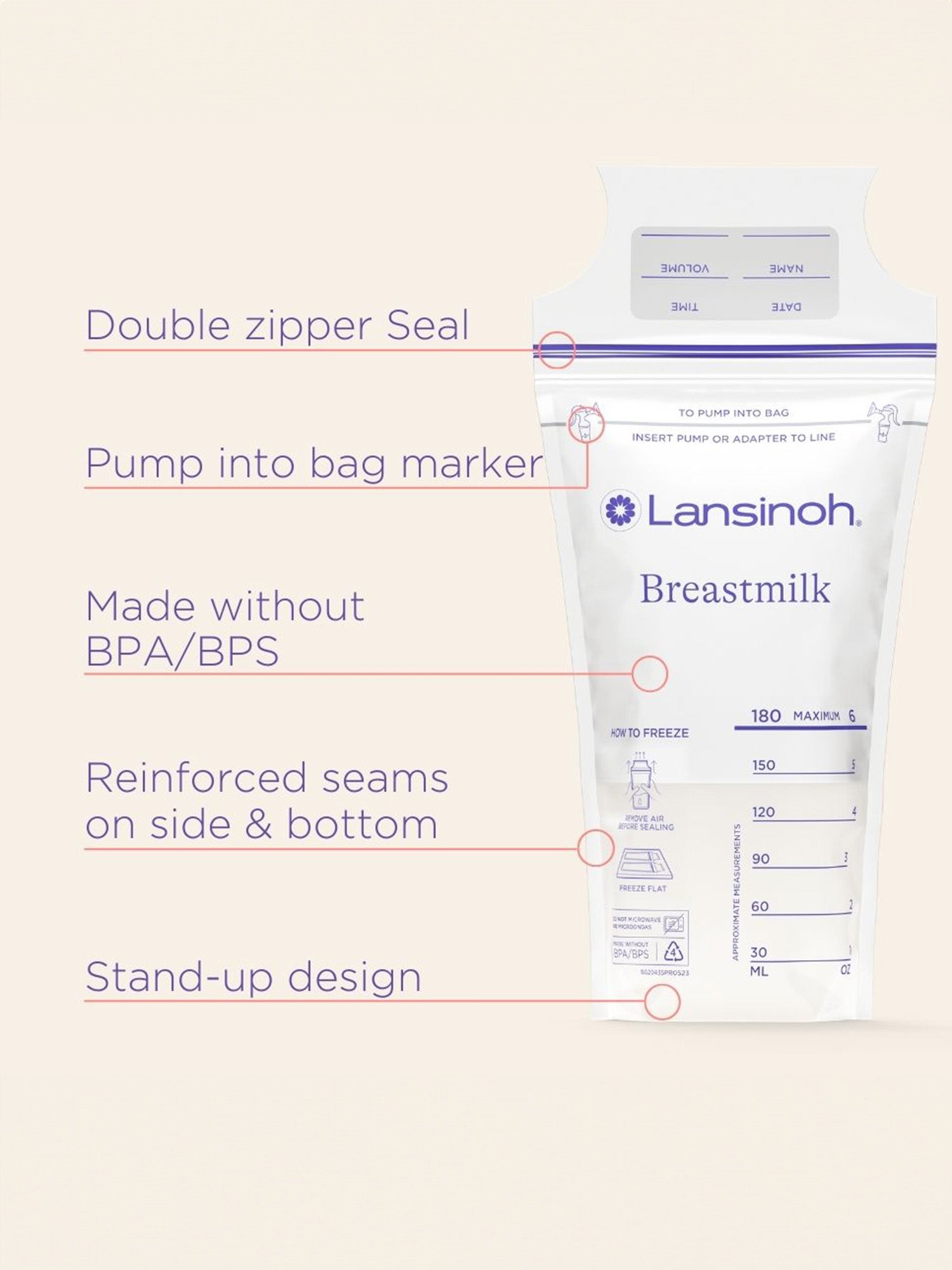 Lansinoh Breastmilk Storage Bags - 6oz, highlighting features | Kindred Bravely