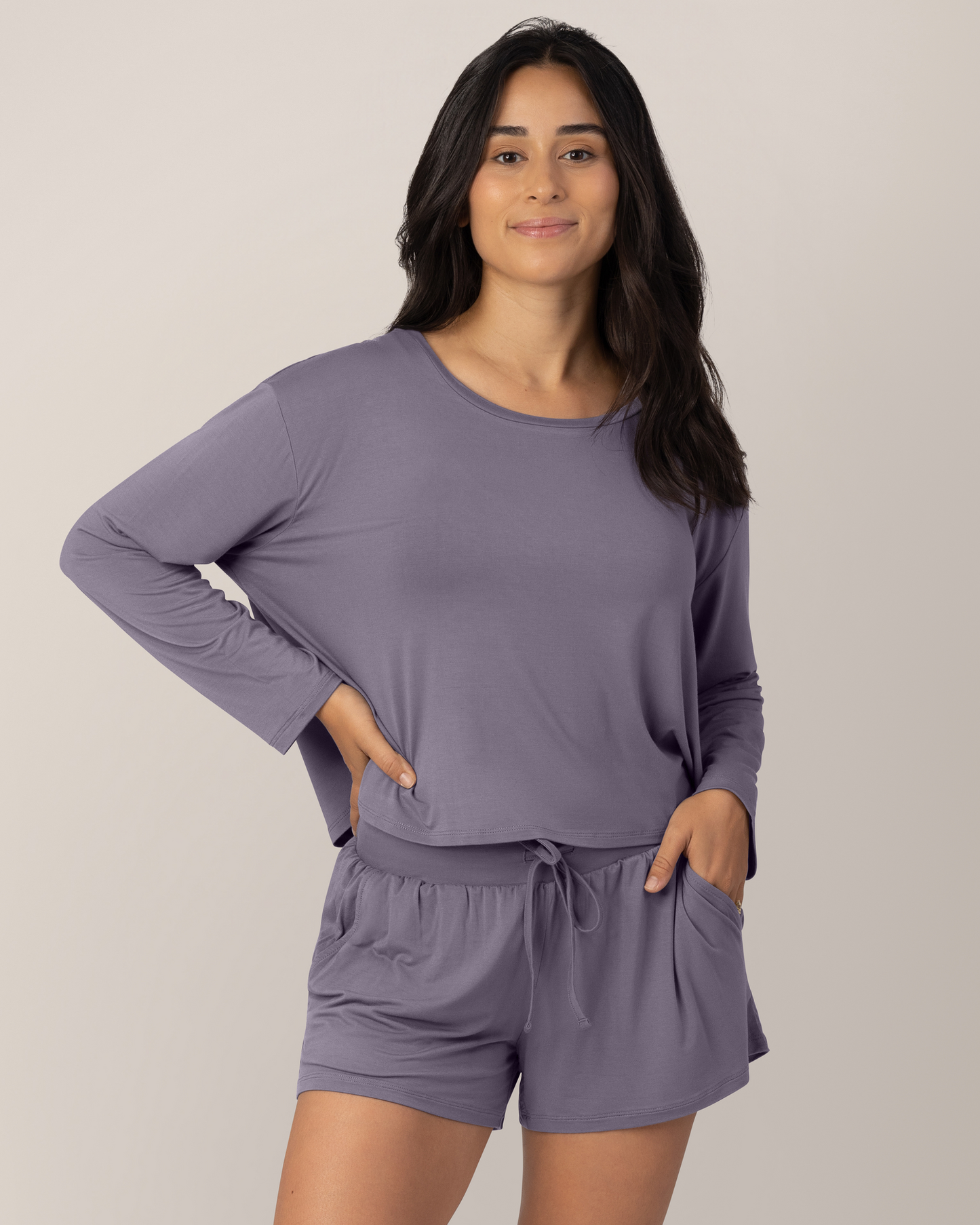 Front view of model wearing the Aria Bamboo Casual Cropped Long Sleeve Top in Granite 