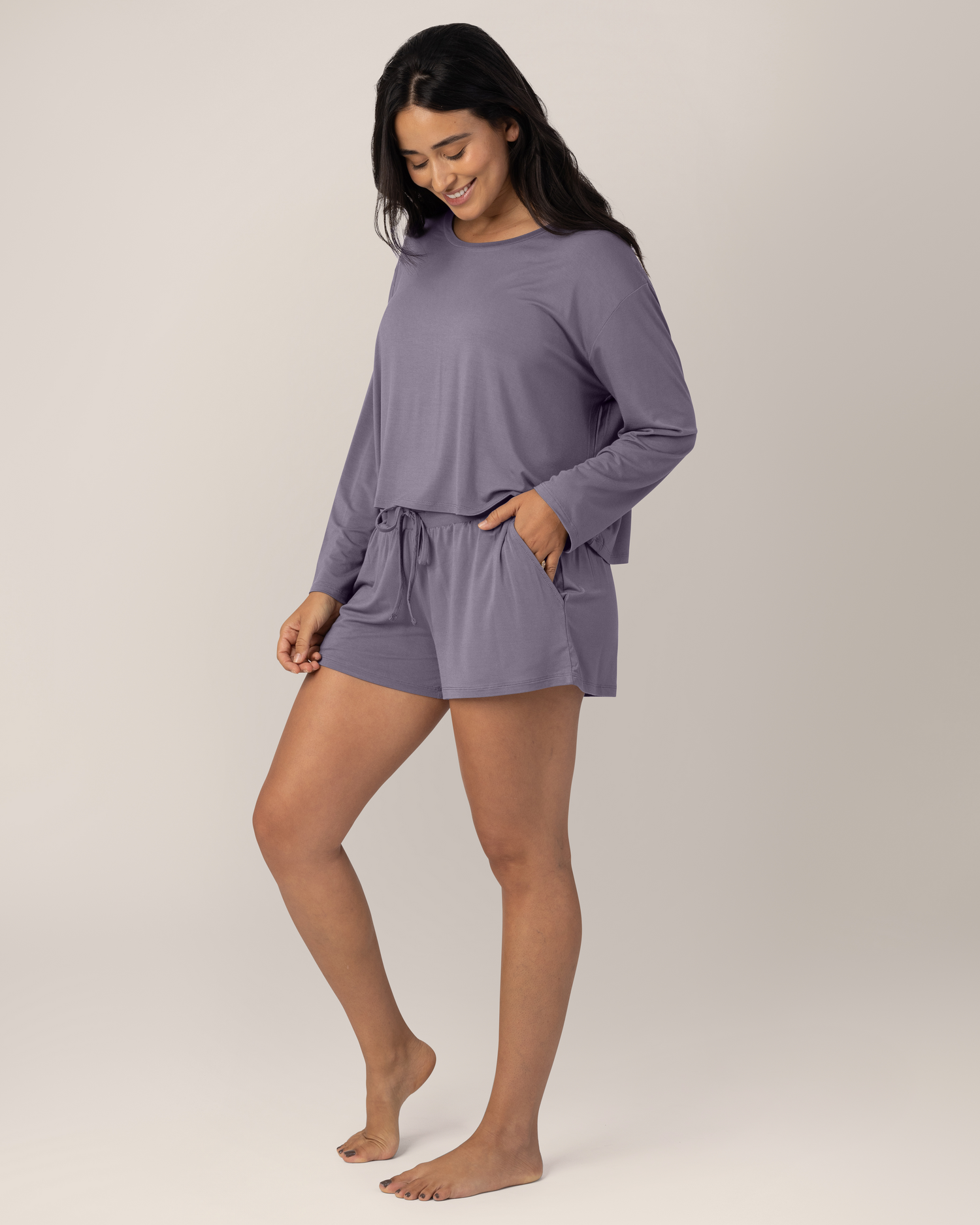 Model wearing the Aria Bamboo Casual Cropped Long Sleeve Top in Granite with the matching Aria Bamboo Casual Lounge Short