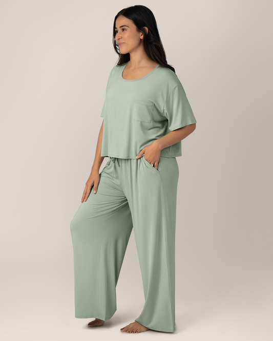 Front view of model wearing the Aria Bamboo Casual Lounge Pant in Aqua Mist paired with matching Aria Bamboo Casual Cropped short Sleeve Top @model_info:Anamaria is 5'7" and wearing a Medium.