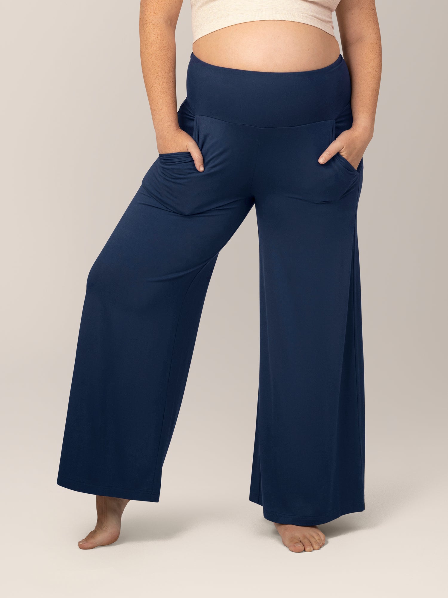 Front view of model wearing the Bamboo Wide Leg Maternity & Postpartum Lounge Pant in Navy