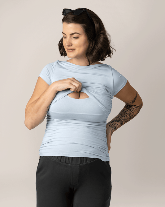 Front view of model wearing Kiera Boat Neck Maternity & Nursing Top in French Blue, showing nursing access @model_info:Emily is wearing a Medium.