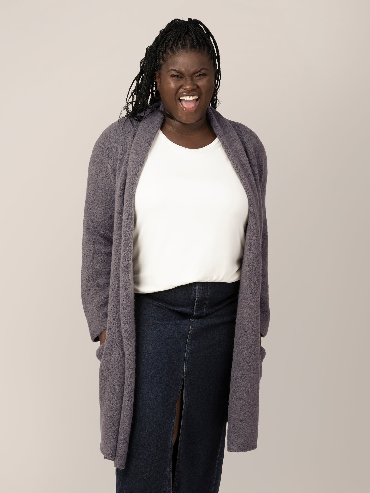 Front view of model wearing the Chloe Cardigan Sweater in Charcoal