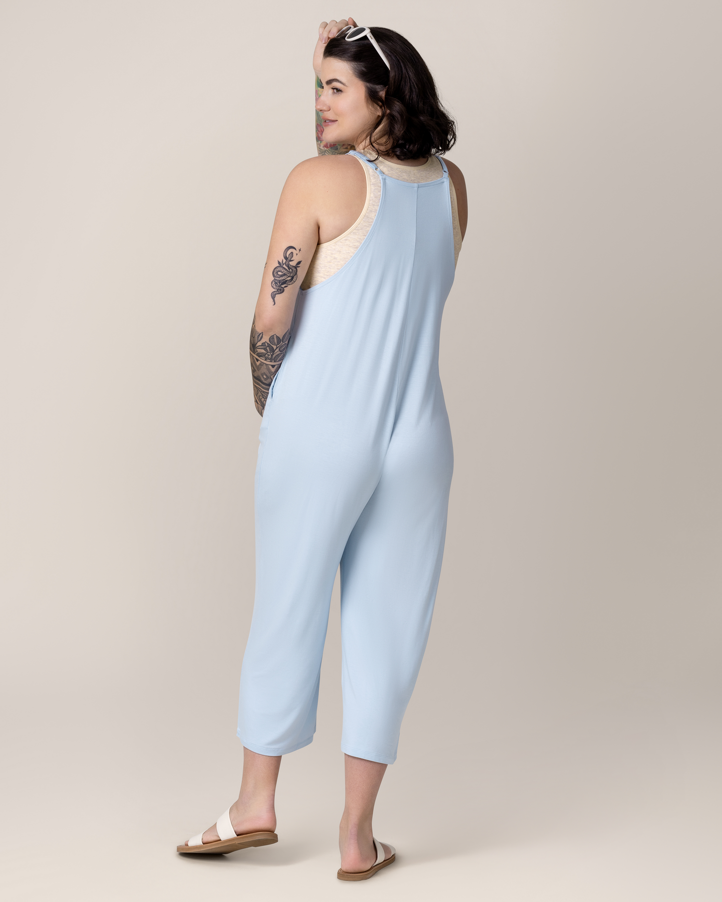 Back view of pregnant model wwearing the Charlie Maternity & Nursing Romper in French Blue, paired with Sublime® Bamboo Maternity & Nursing Longline Bra Top in Oatmeal Heather 