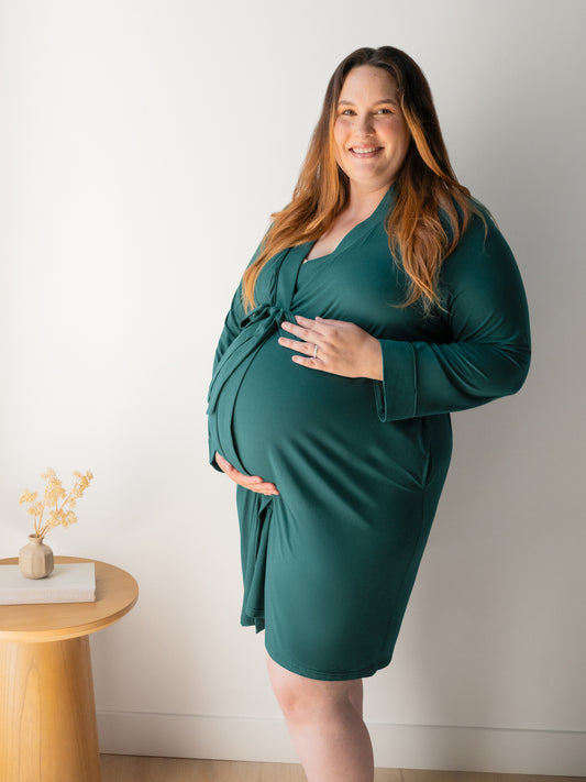 Pregnant model wearing the Clea Bamboo Robe in Evergreen @model_info:Jessica is 5'5" and wearing 1X/2X.