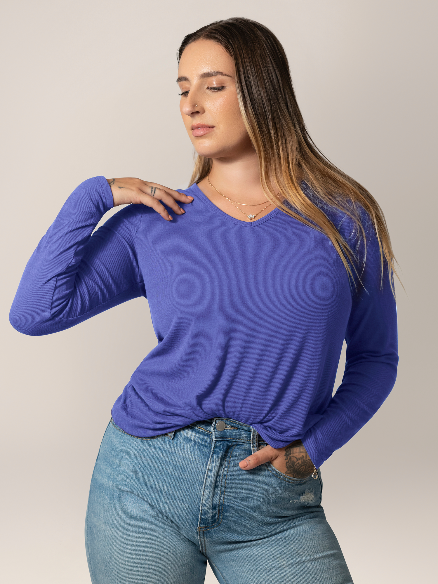 Front view of model wearing the Ribbed Bamboo Maternity & Nursing Long Sleeve T-shirt in Cobalt, tucked into jeans @model_info:Anna is wearing a Medium.