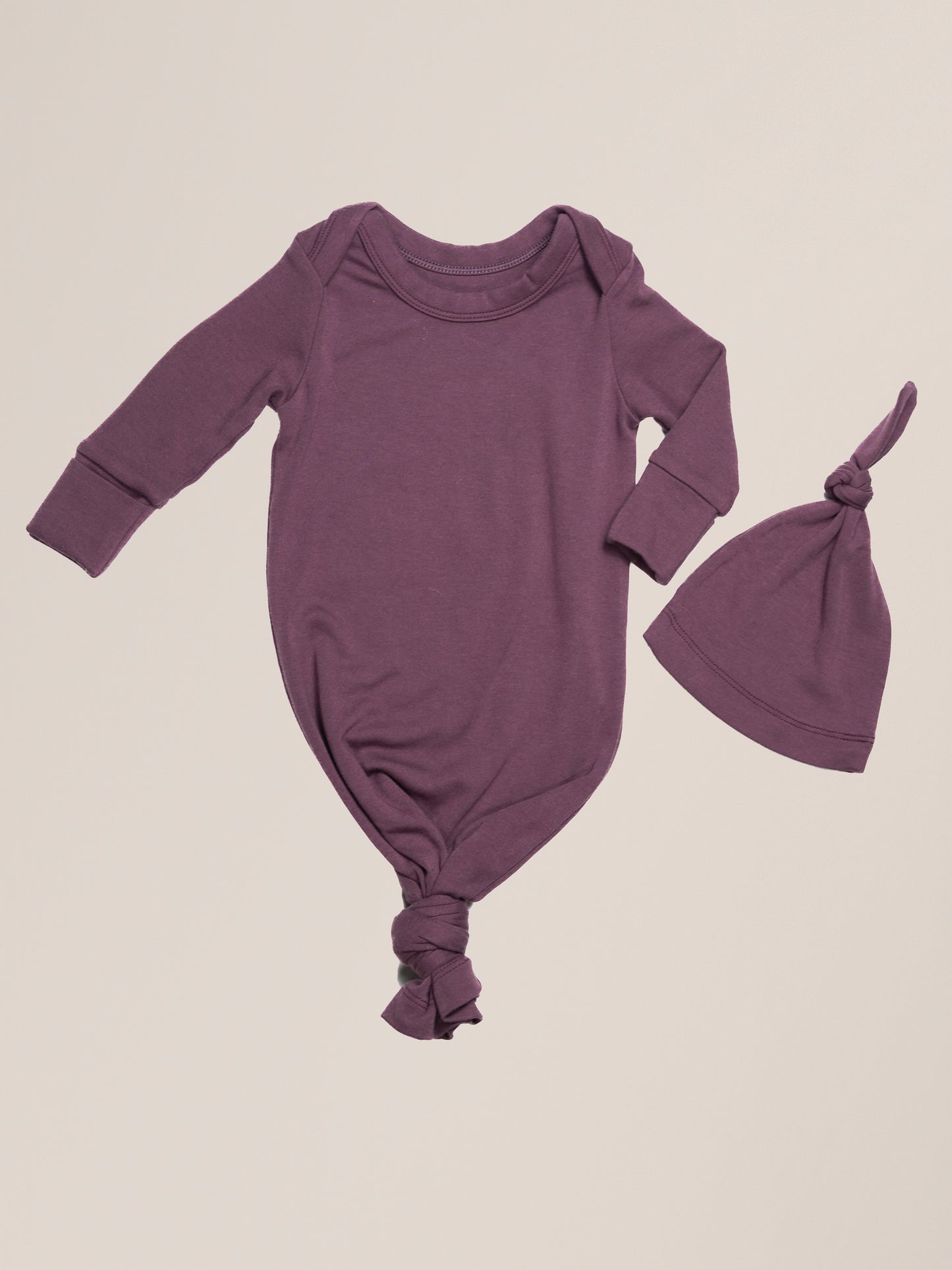 Baby Knotted Gown & Hat Set in Burgundy Plum, with gown knotted | Kindred Bravely