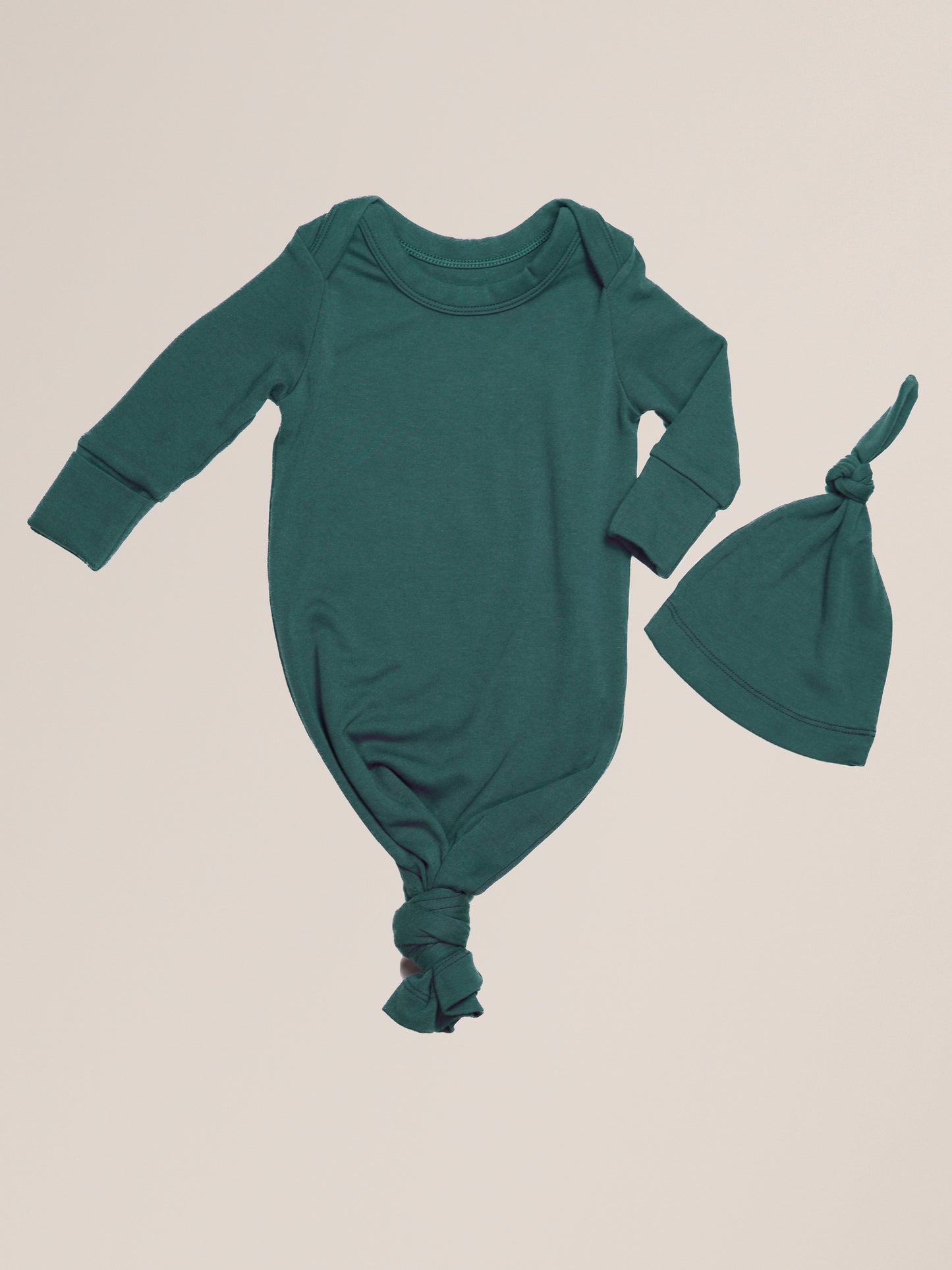 Baby Knotted Gown & Hat Set in Evergreen, with gown knotted | Kindred Bravely