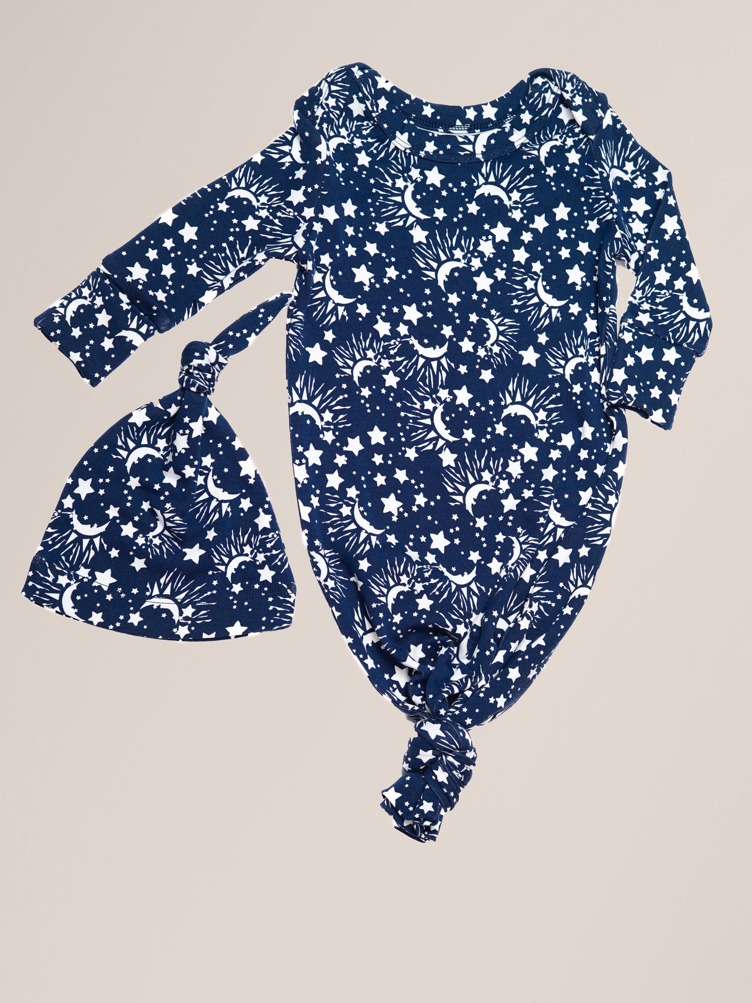 Baby Knotted Gown & Hat Set in Navy Stars, with gown knotted | Kindred Bravely