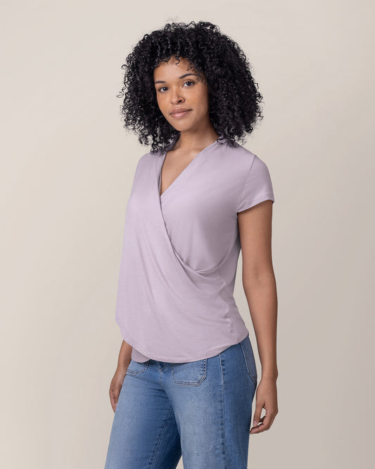 Model wearing the Bamboo Draped Nursing Top in Lavender Mist @model_info:Marisa is wearing a Small.