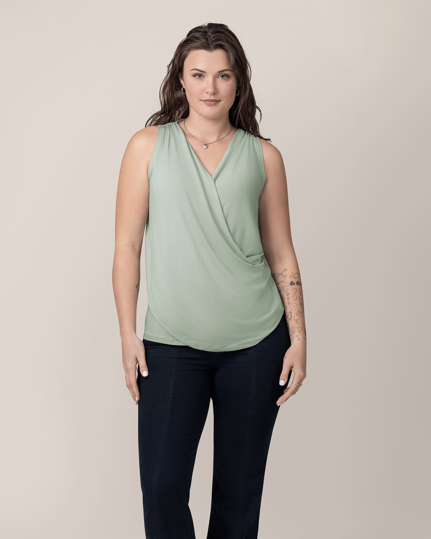 Front view of model wearing the Bamboo Draped Nursing Tank in Aqua Mist @model_info:Gibson is wearing a Medium.