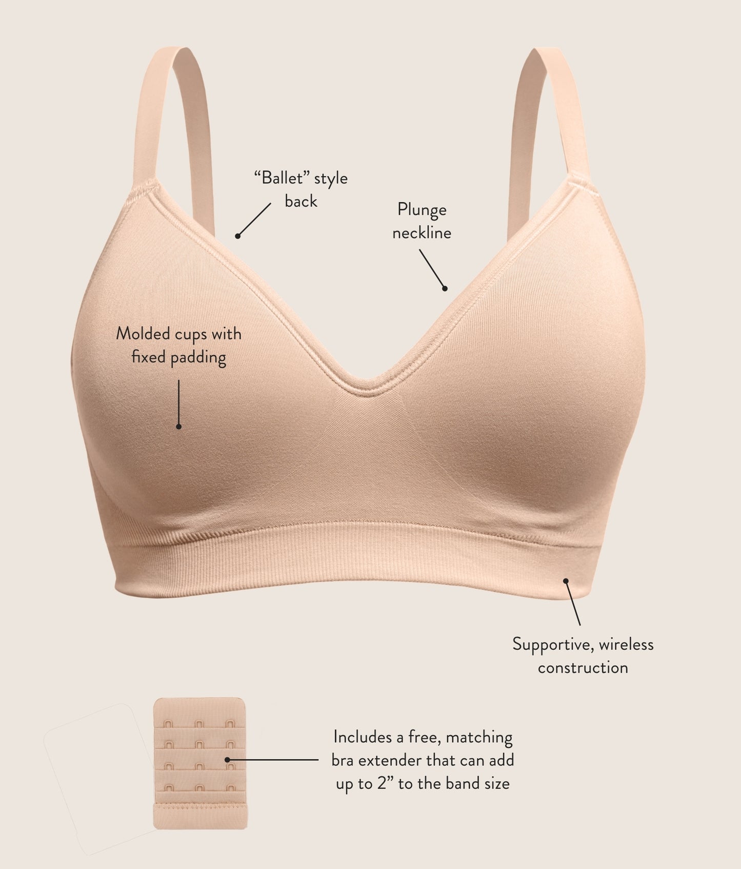 Everly Bra features, including ballet style back, plunge neckline, molded cups with fixed padding and wireless construction, plus free bra extender