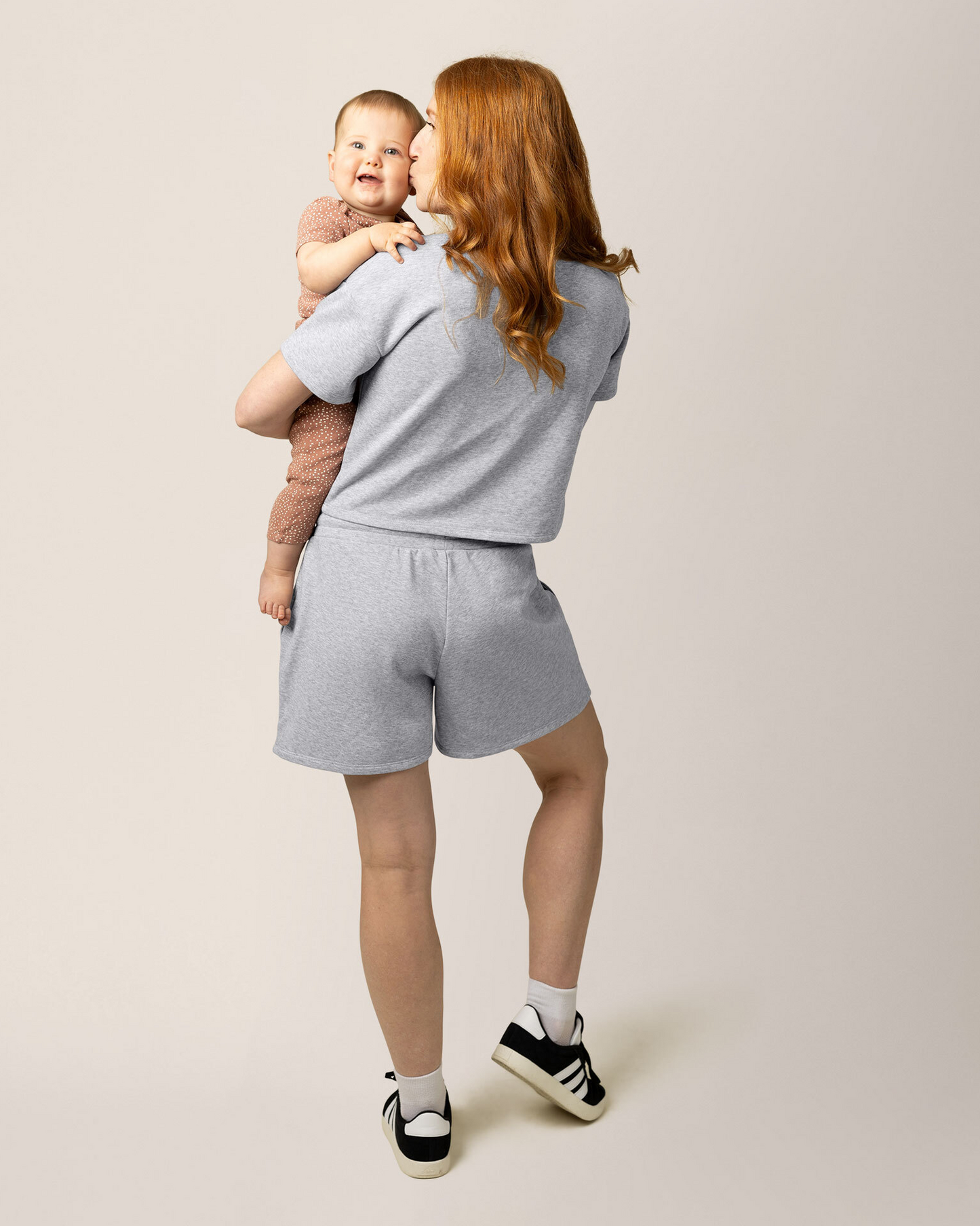 Back view of model wearing French Terry On the Go Short in Grey Heather with matching French Terry Nursing T-shirt