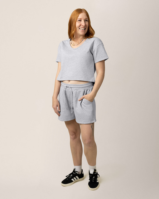 Front view of model wearing French Terry Nursing T-shirt in Grey Heather with matching French Terry On the Go Short @model_info:Anna is wearing a Medium.