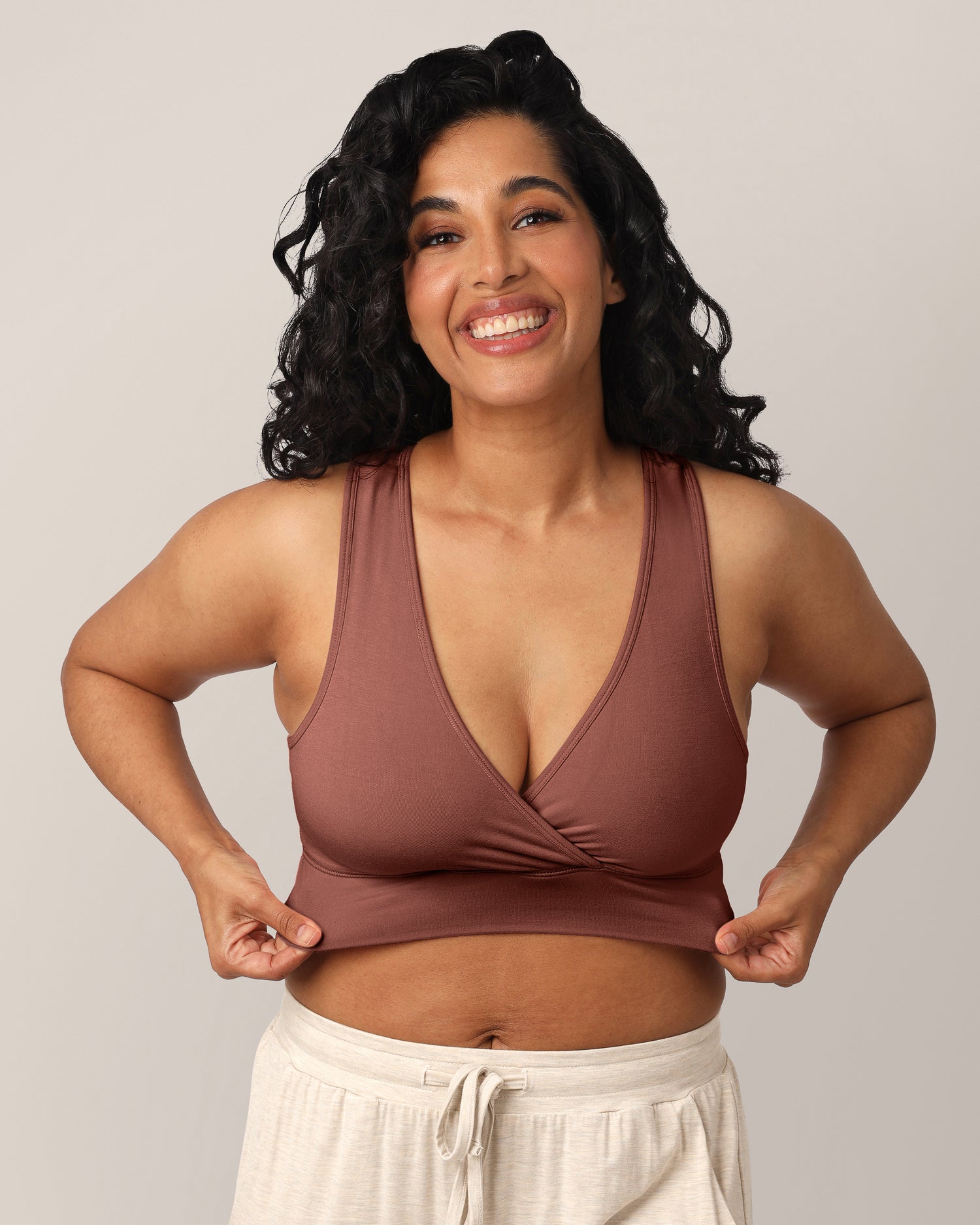 Model wearing the French Terry Racerback Nursing & Sleep Bra in Redwood @model_info:Zakeeya is wearing a Small.