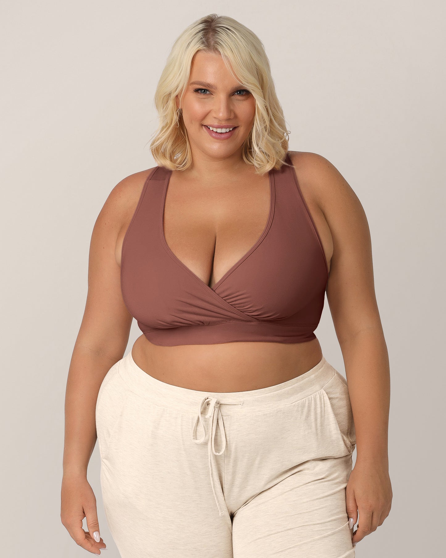 Model wearing the French Terry Racerback Nursing & Sleep Bra. @model_info: Lauren is wearing an X-Large Busty.