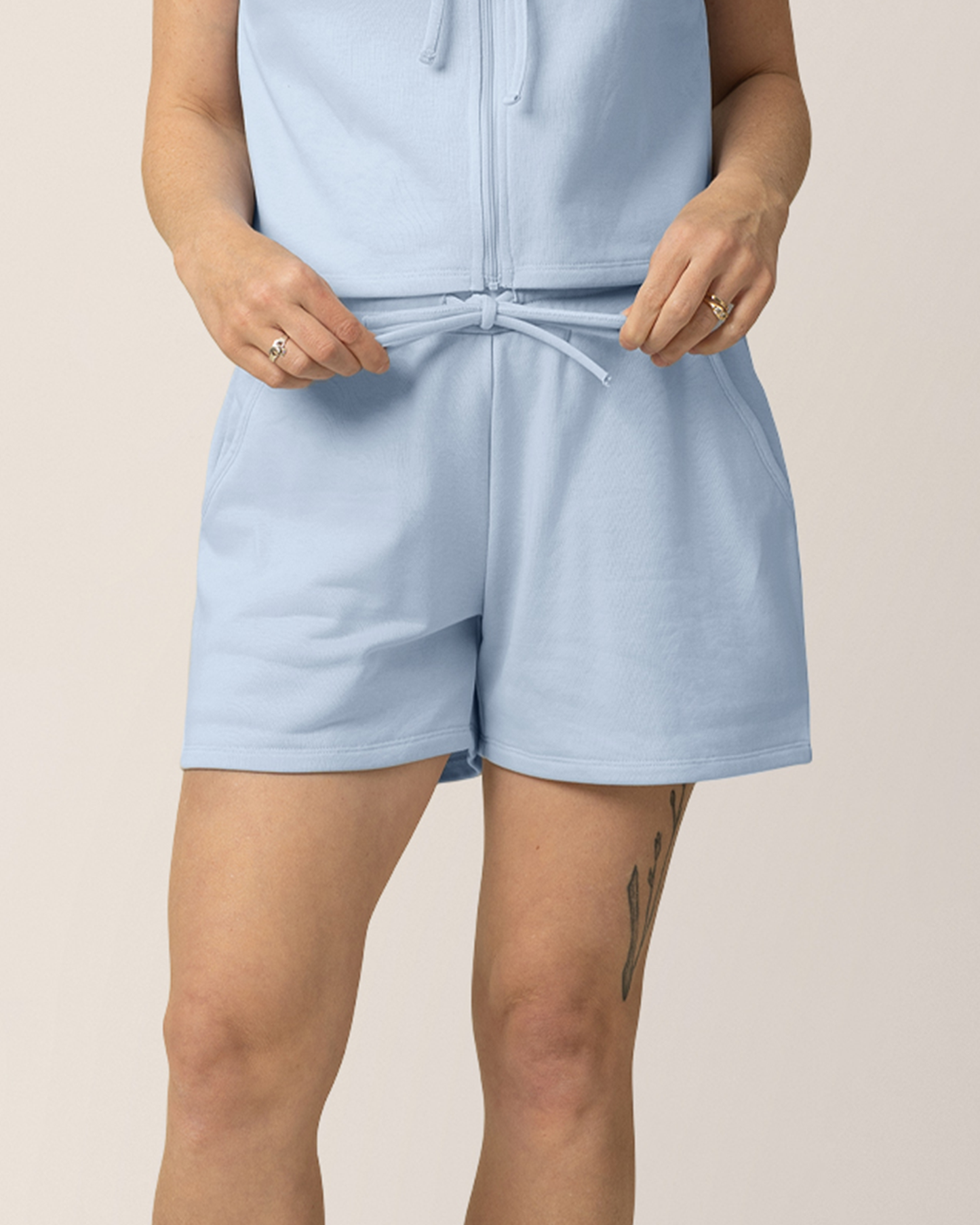 Model wearing French Terry On the Go Short in French Blue 