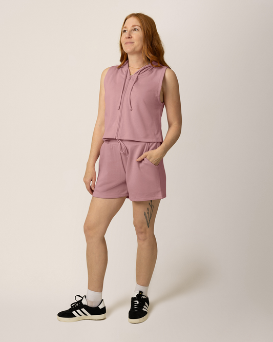 Front view of model wearing French Terry On the Go Short in Light Mauve @model_info:Anna is wearing a Medium.