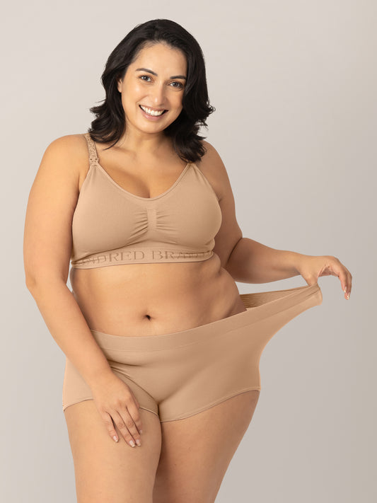 Model wearing the Grow With Me Boyshort Underwear in Beige styled with the Simply Sublime Nursing Bra in Beige. @model_info: Connie is wearing an X-Large.