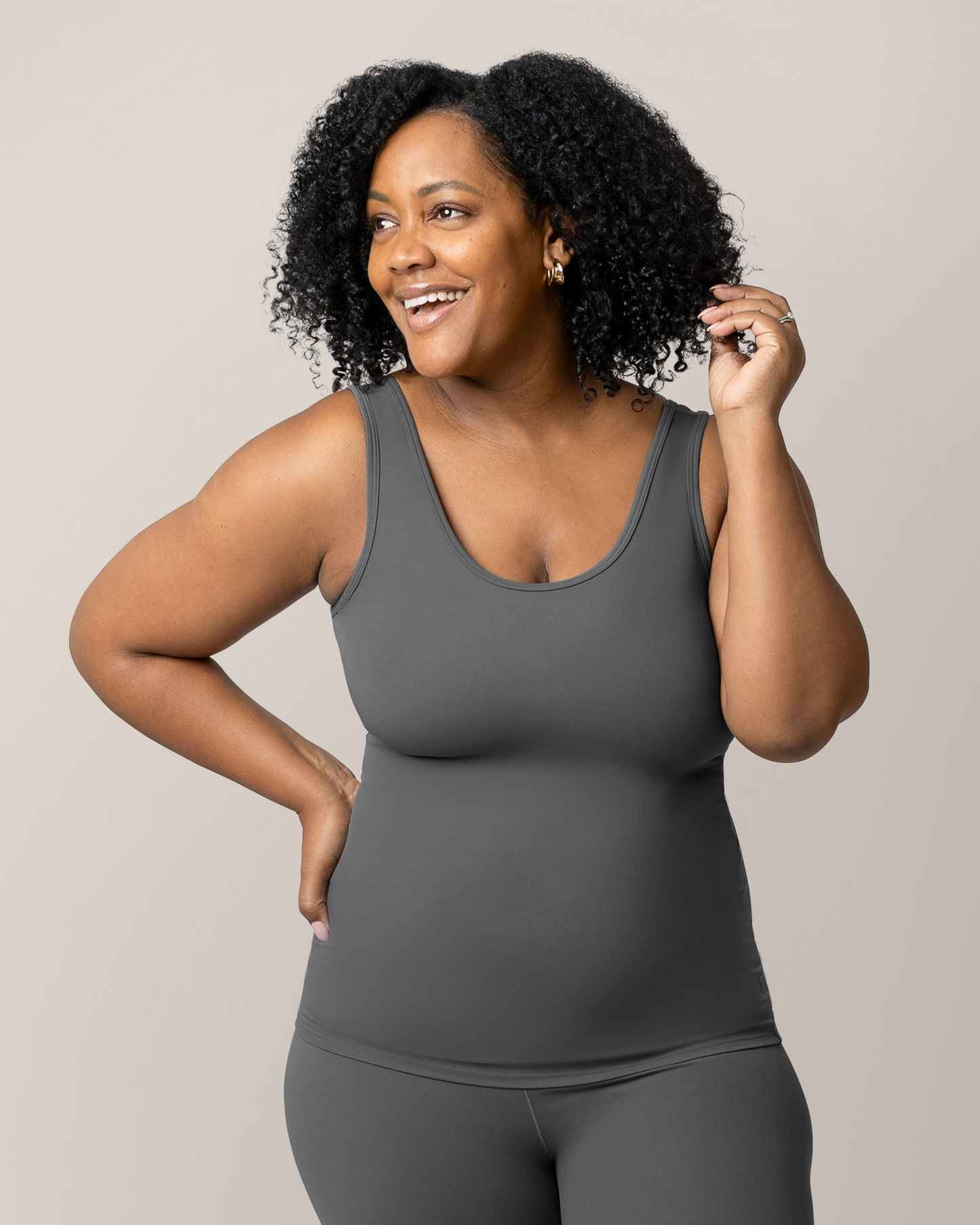 Front view of model wearing the Grow with Me™ Maternity & Nursing Tank in Stormy Grey@model_info:Roxanne is wearing a Large.