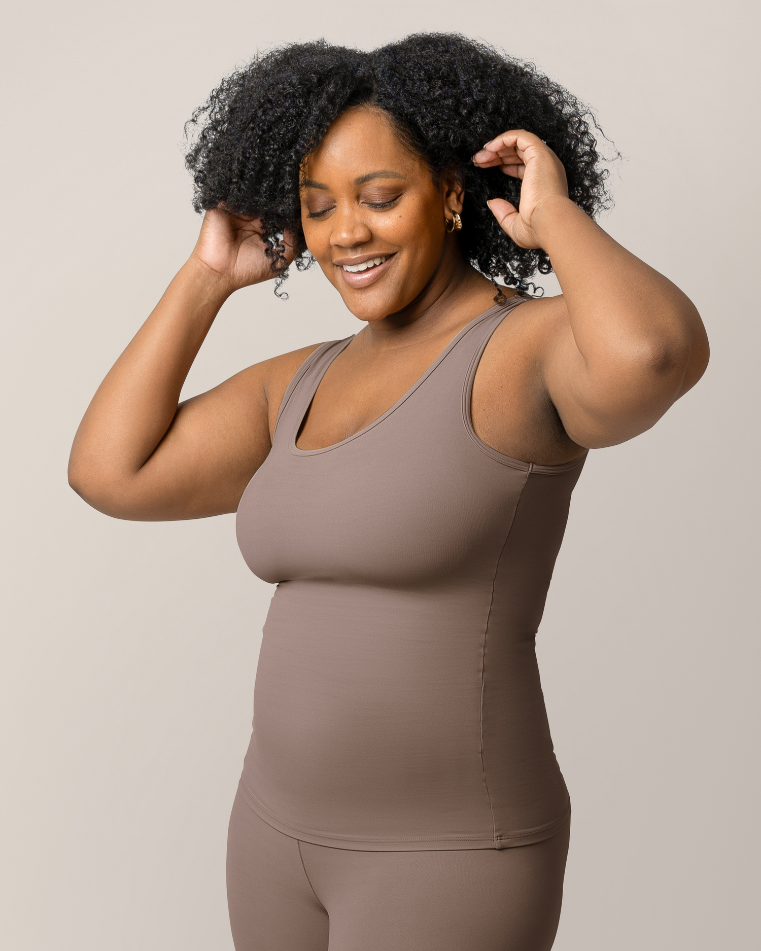 3/4 view of model wearing the Grow with Me™ Maternity & Nursing Tank in Taupe @model_info:Roxanne is wearing a Large.