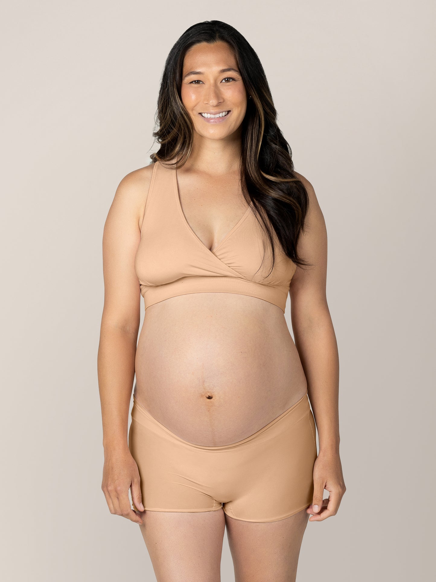 Front view of model wearing the Grow With Me Boyshort Underwear in Beige styled with the French Terry Racerback Nursing & Sleep Bra in Beige. @model_info:Joy is wearing a Small.