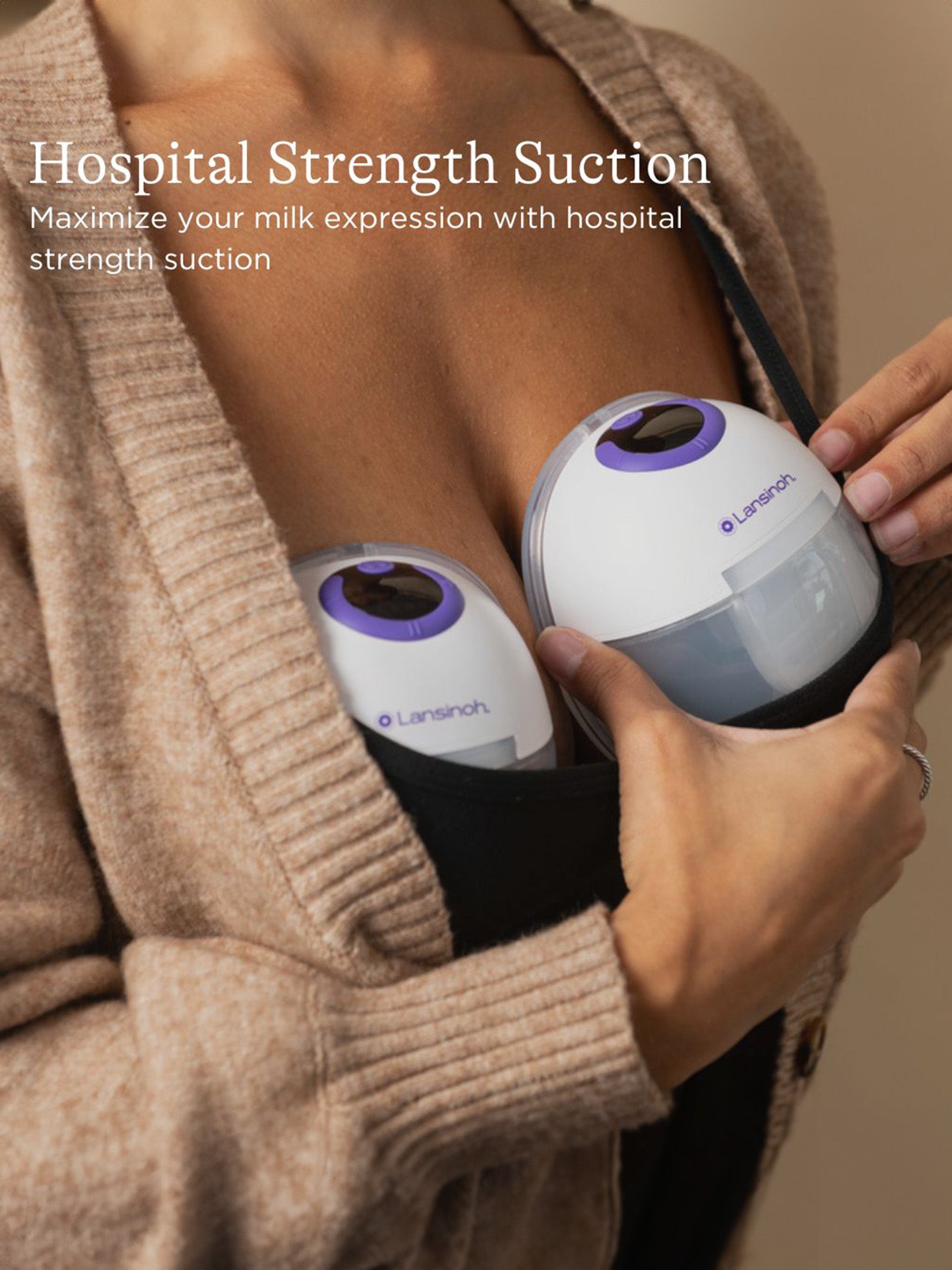 Lansinoh DiscreetDuo™ Wearable Pump being placed into top on model, noting hospital strength suction | Kindred Bravely