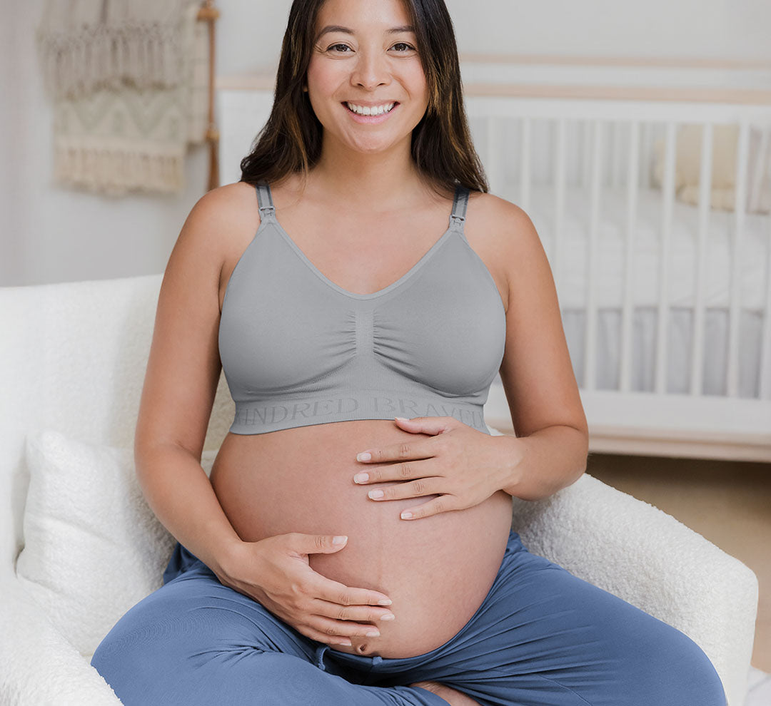 Pregnant model wearing the Simply Sublime® Nursing Bra in grey