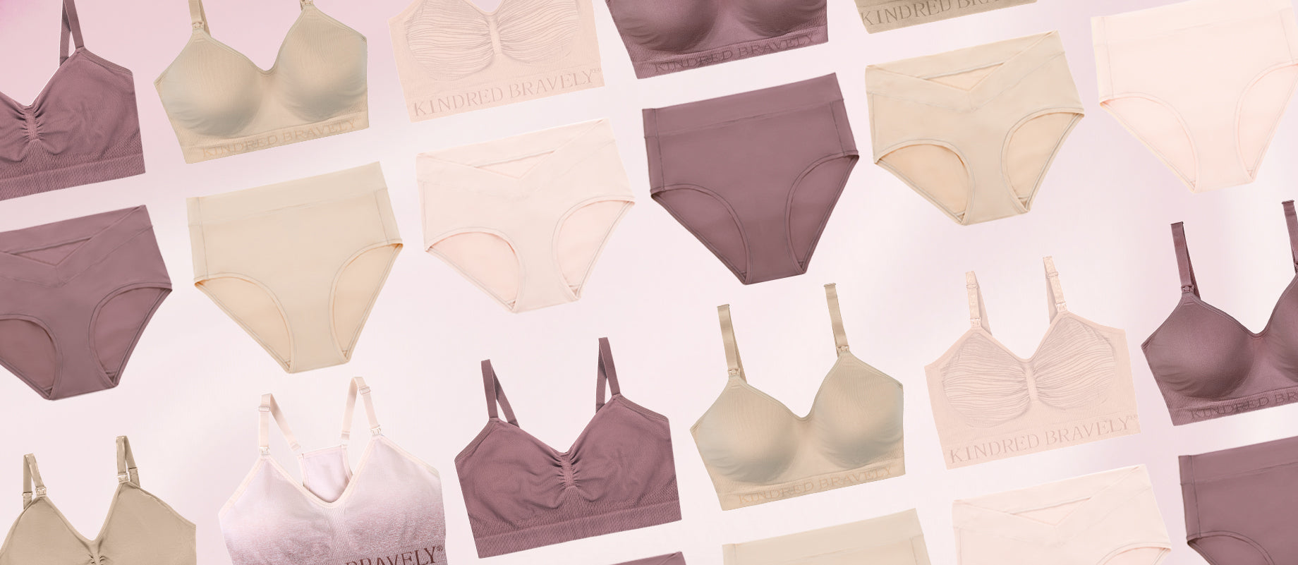 Variety of bras and underwear in Beige, Twilight, and Pink | Kindred Bravely