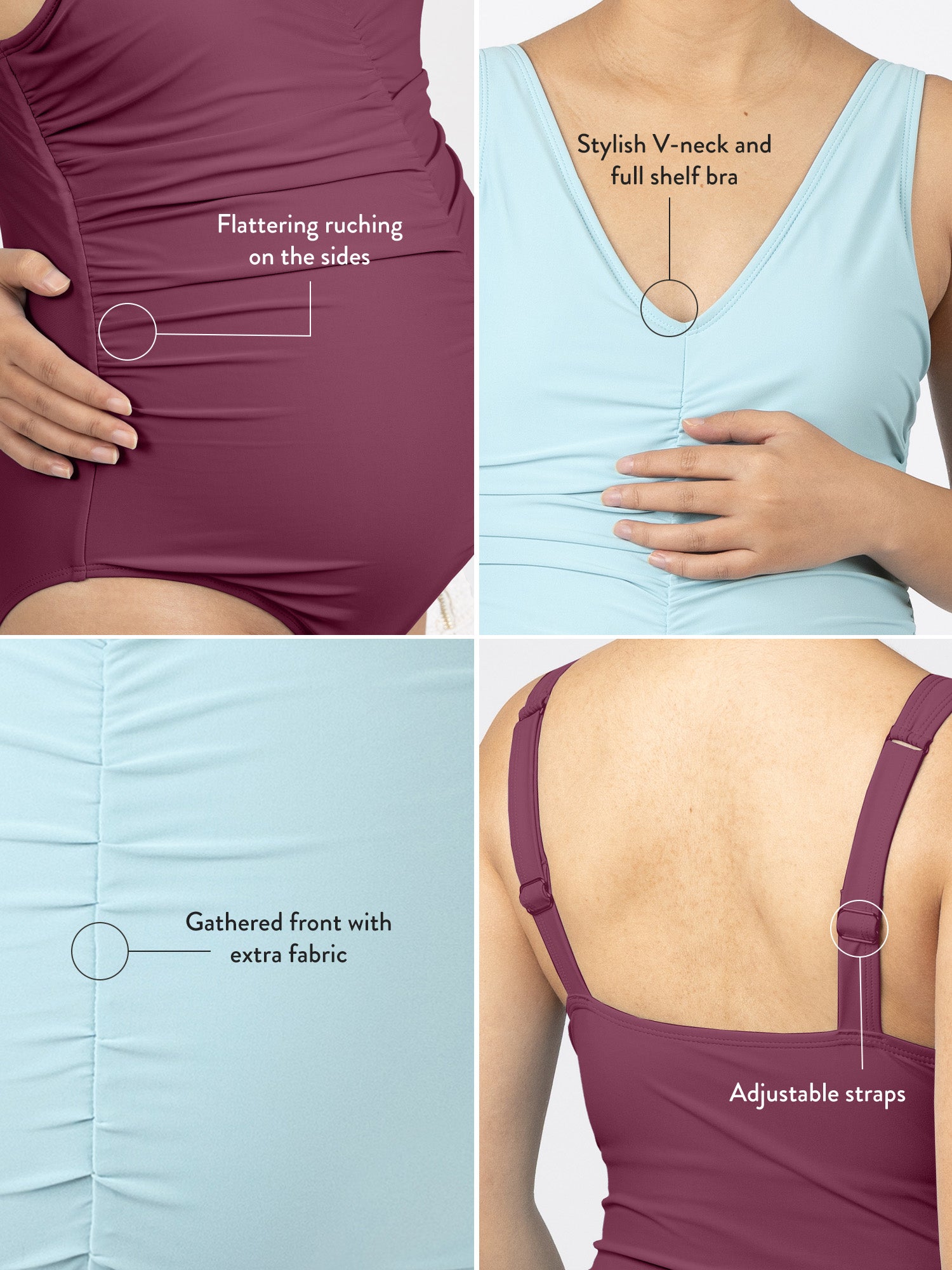 Grid of close-up shots for the Gathered Maternity One Piece Swimsuit calling out product features