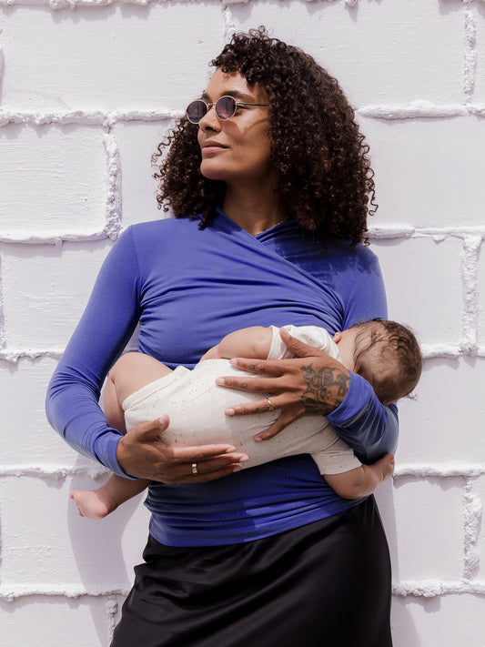 Gianna Shirred Maternity & Nursing Top | Cobalt - Kindred Bravely @model_info:Rudi is wearing a Small.