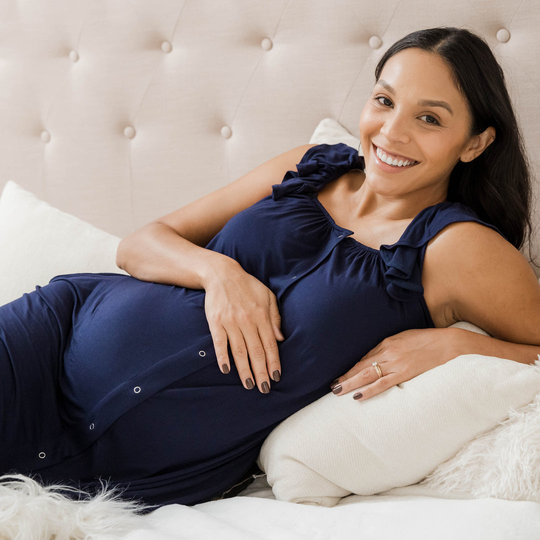 Navy Ruffle Strap Labor & Delivery Gown by Kindred Bravely – Milk & Baby